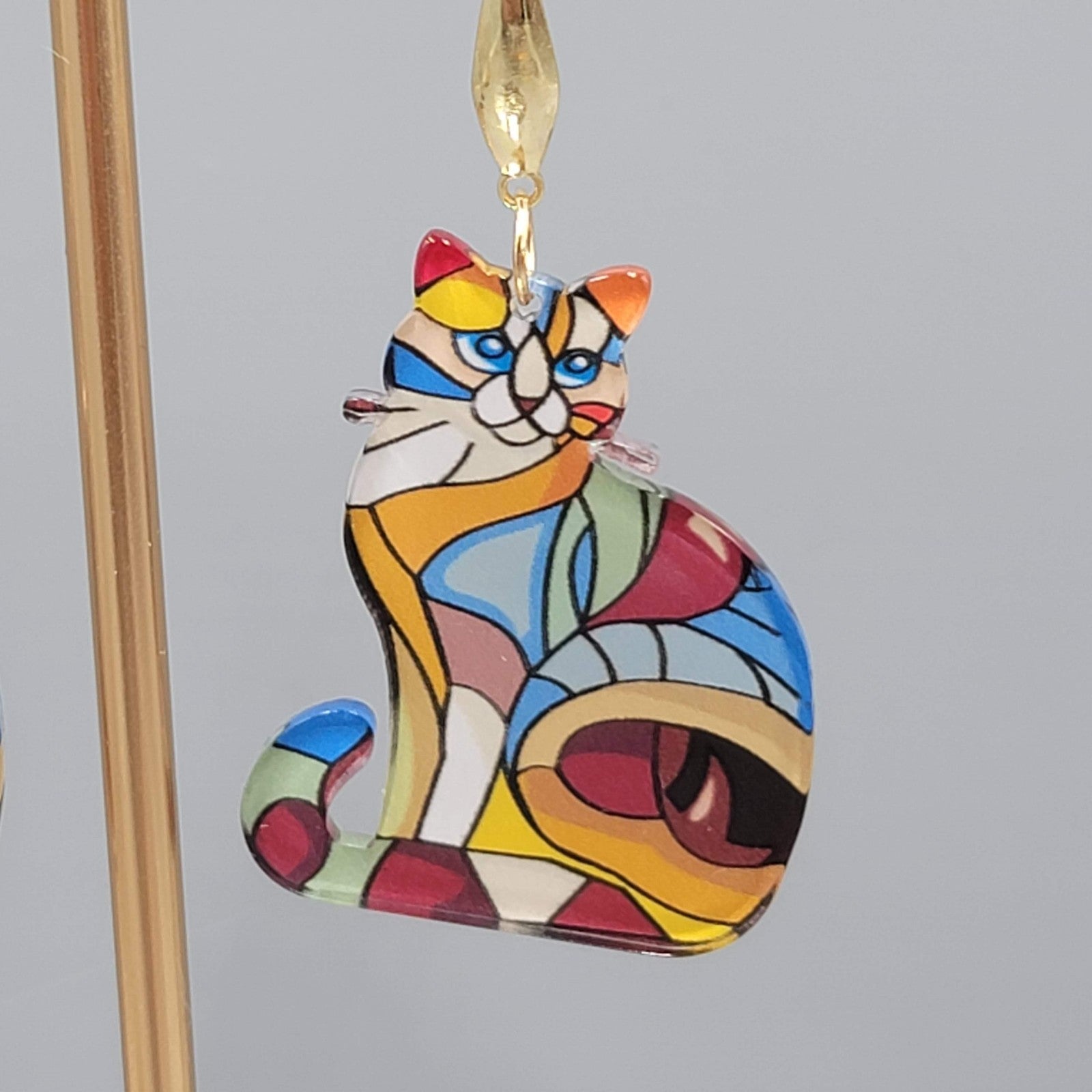 Multicolor Mosiac Kitty Cat Pierced Earrings Acrylic Dangle Gold tone 1.5" long