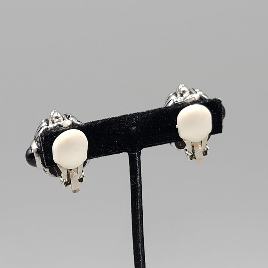 Vintage Statement Silver Plated Clip on Earrings Black Accent 1 in
