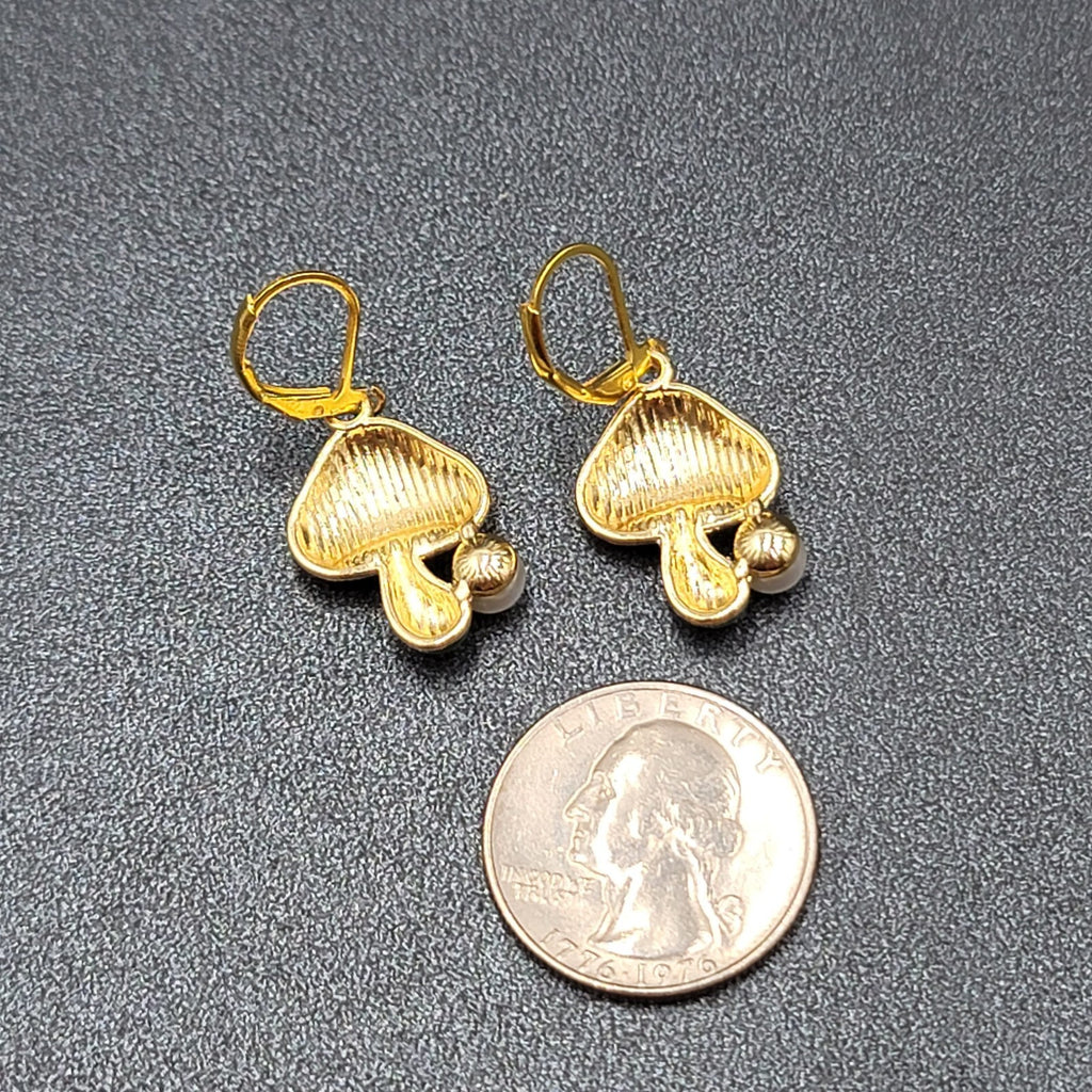 Mushroom Pierced Earrings Faux Pearl Enamel Red White Polka Dot Dangle 3/4"