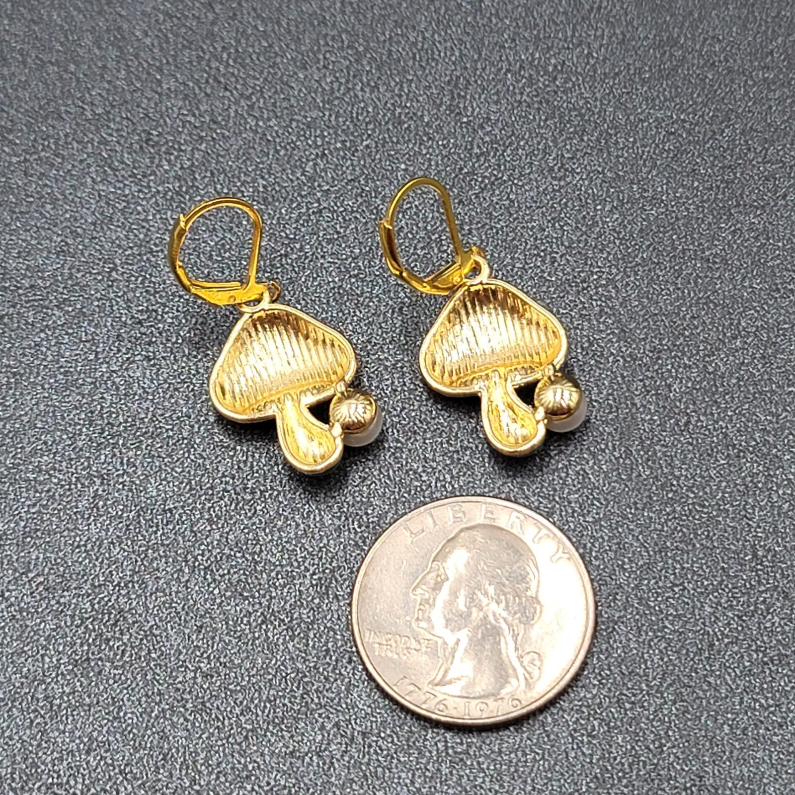 Mushroom Pierced Earrings Faux Pearl Enamel Red White Polka Dot Dangle 3/4"