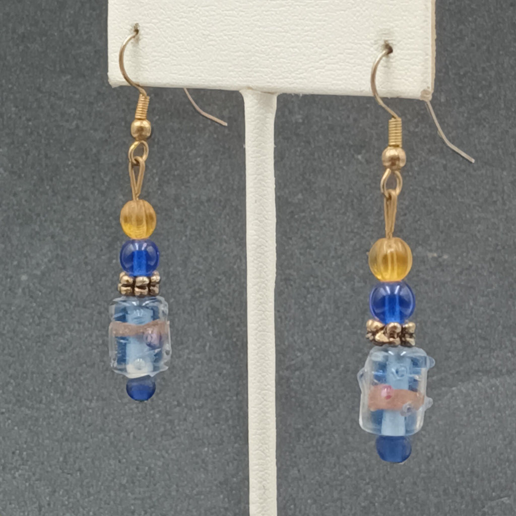 Pierced Earrings Wedding Cake Art Glass Blue Beaded Gold tone Hook Dangle 1 1/8'