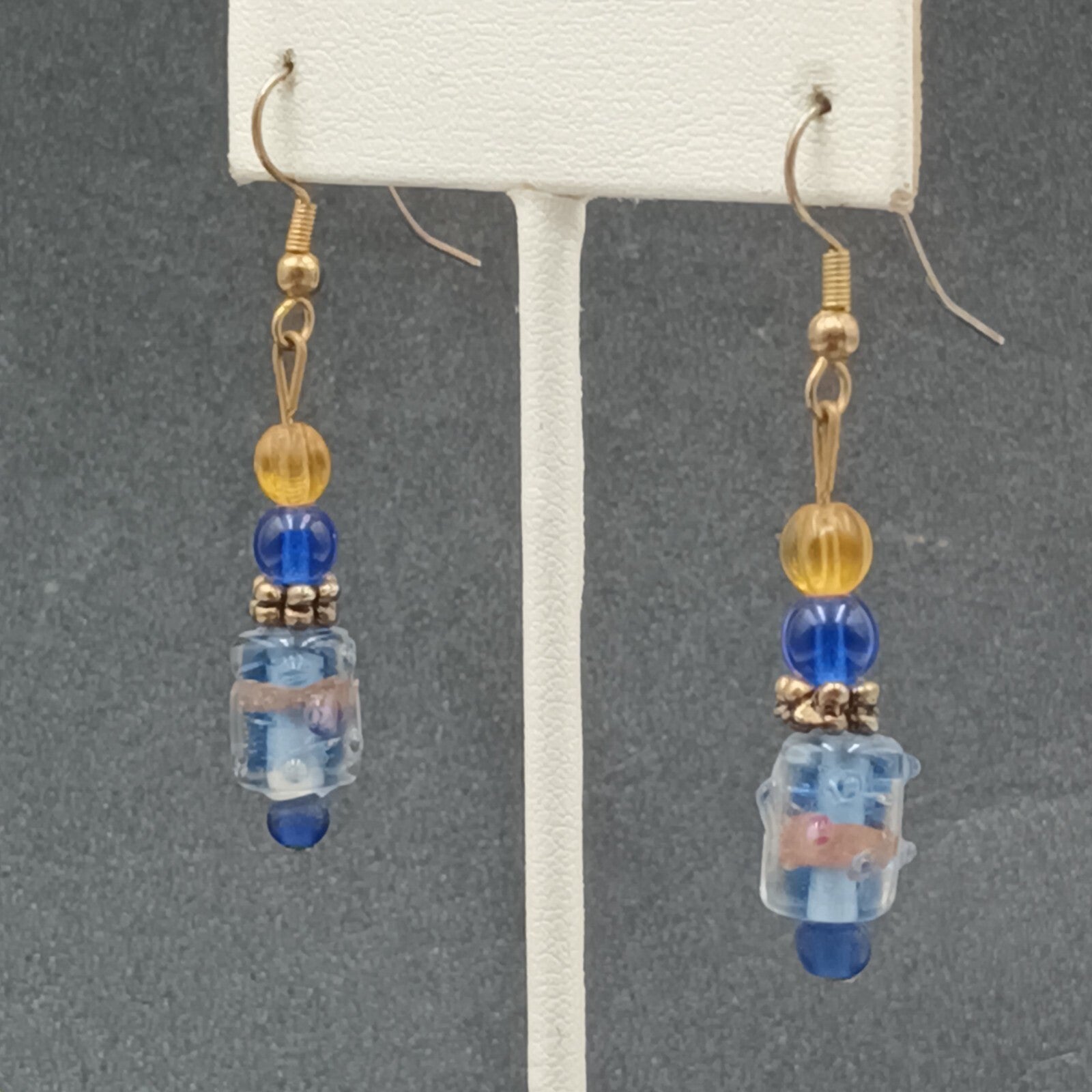 Pierced Earrings Wedding Cake Art Glass Blue Beaded Gold tone Hook Dangle 1 1/8'