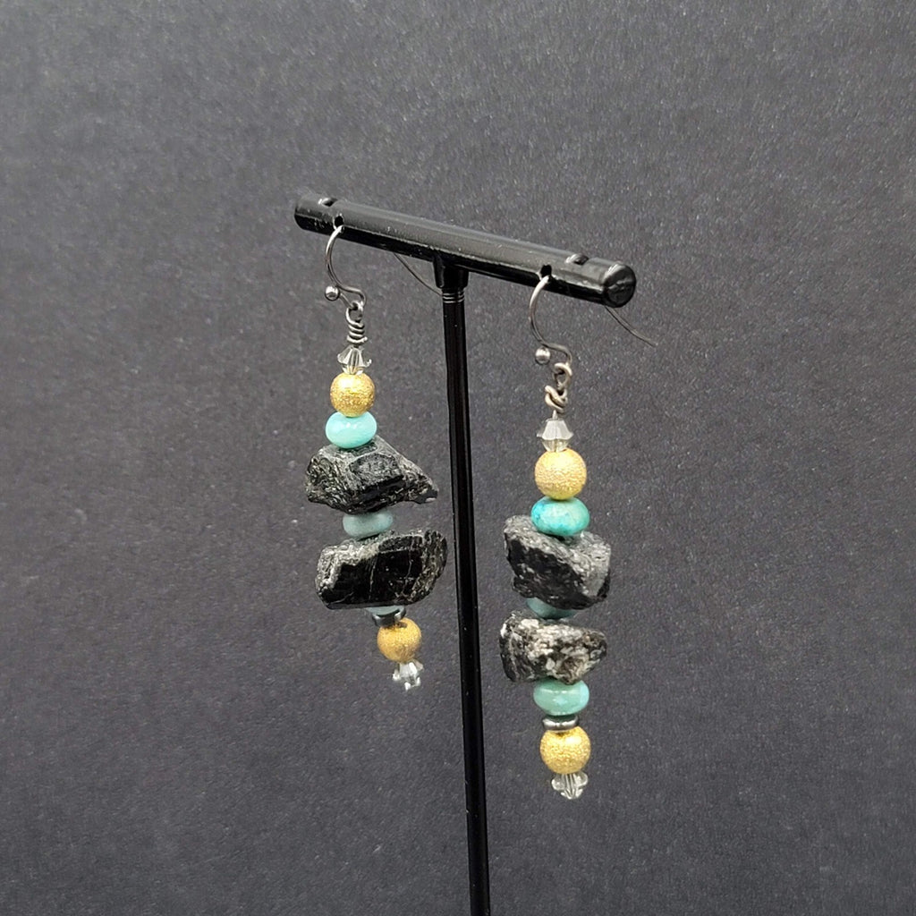 Pierced Earrings Black Raw Stone Blue Gold tone Beads Dangle 2"