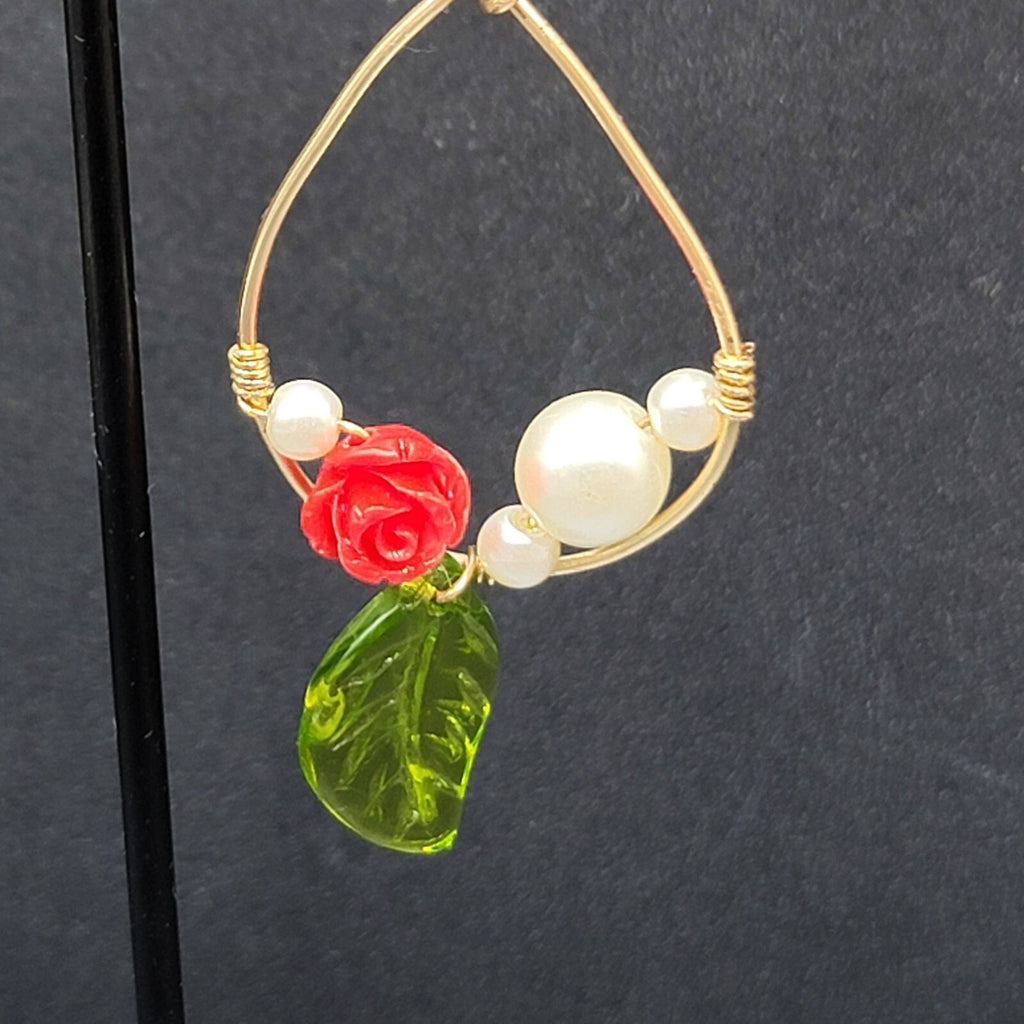 Pierced Earrings Gold tone Rose Leaf White Beads Dangle 2"