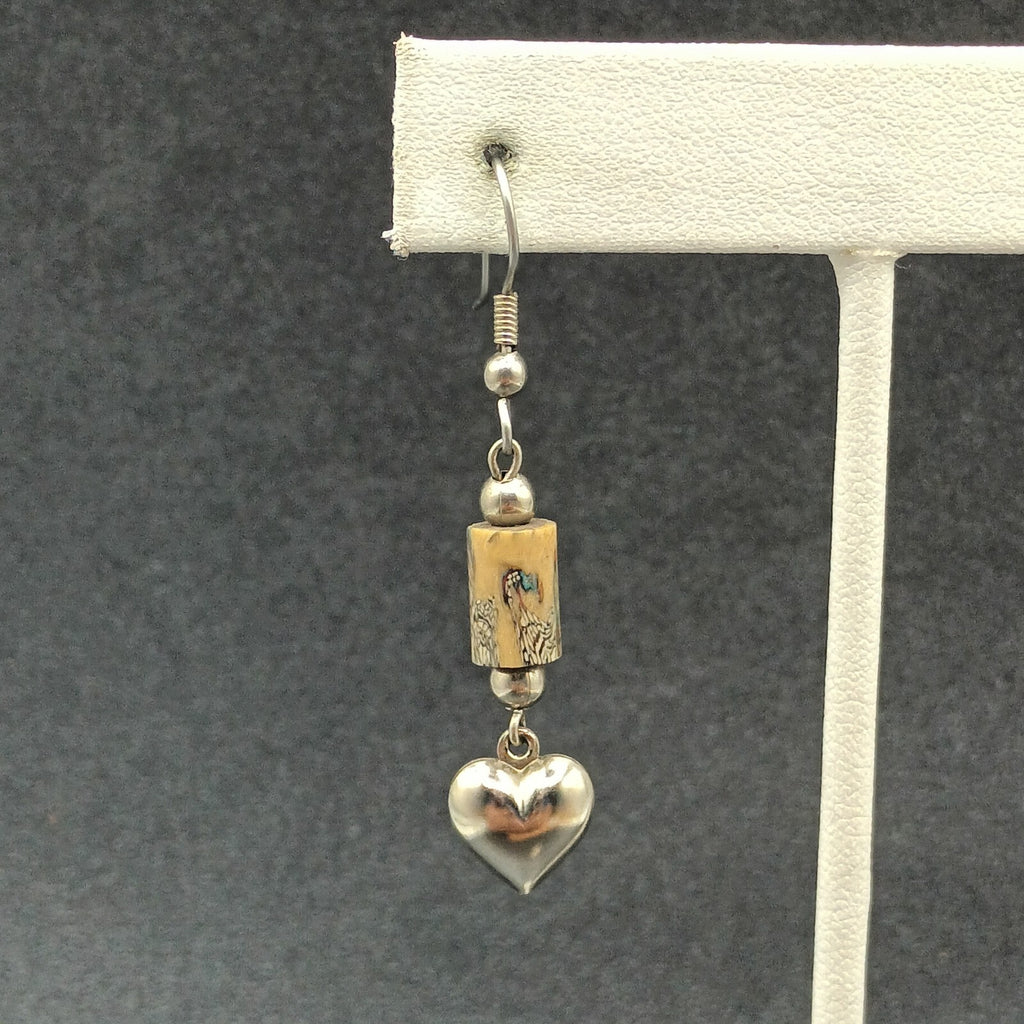 Pierced Earrings Silver tone Heart Acrylic Beaded Dangle 1 1/4"