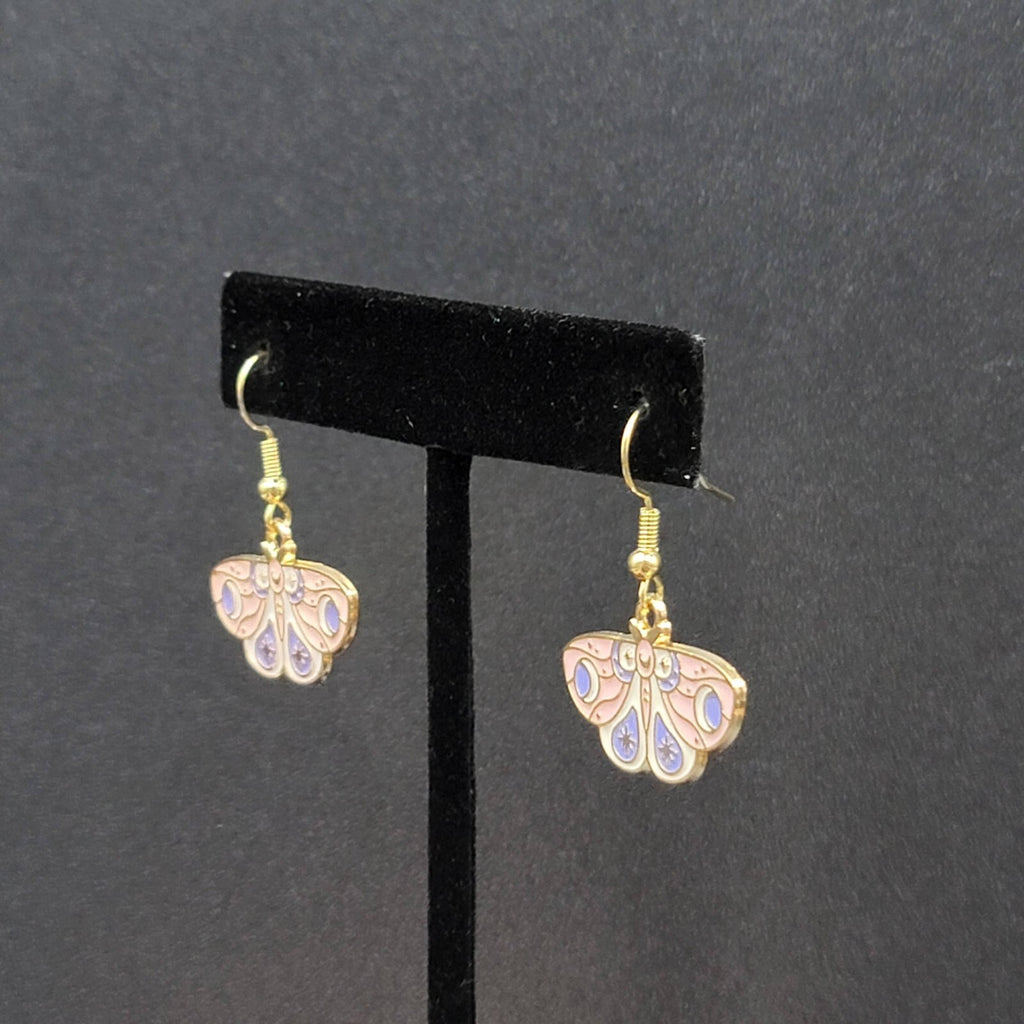 Moth Pierced Earrings Gold tone Pink Purple White Enamel Dangle 5/8"