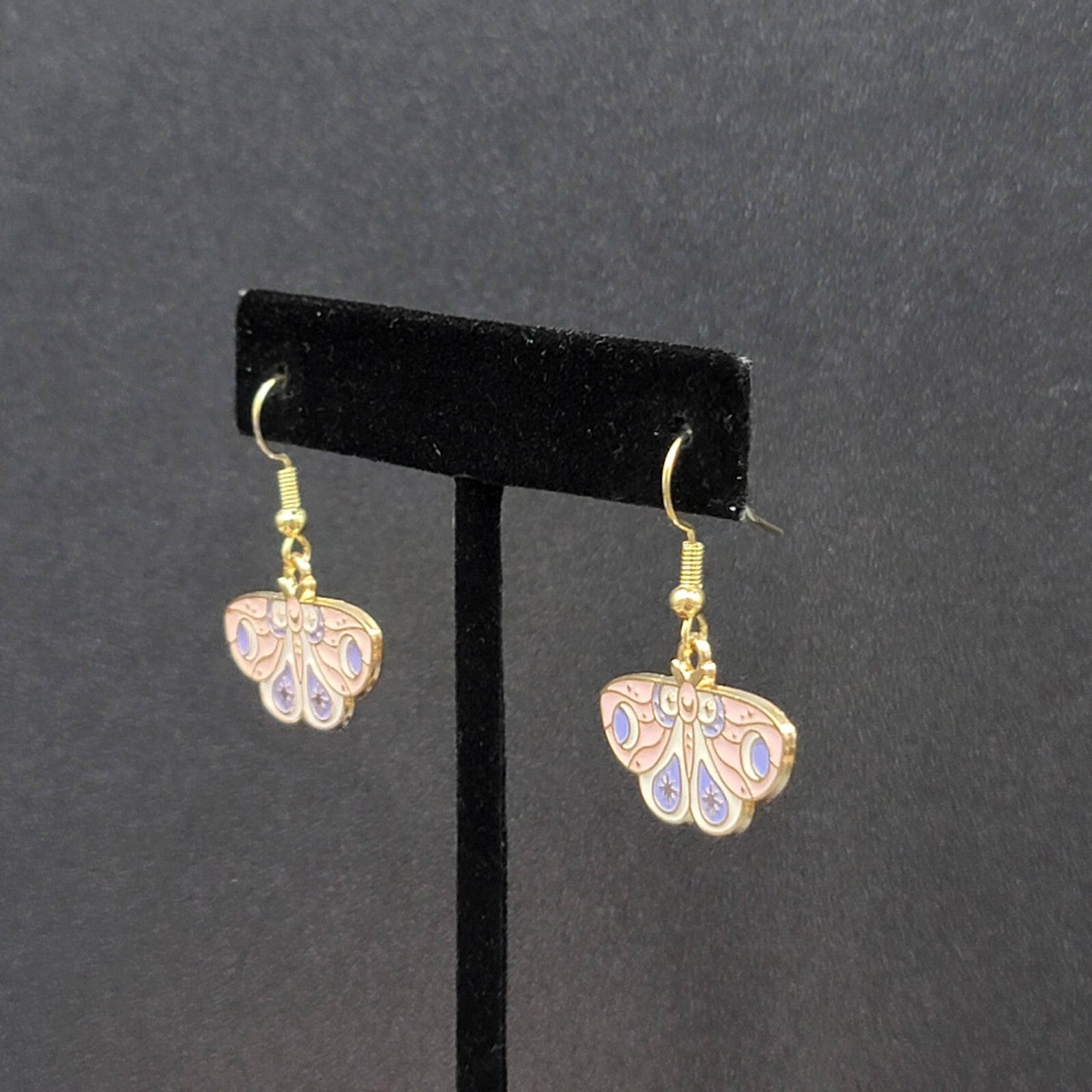 Moth Pierced Earrings Gold tone Pink Purple White Enamel Dangle 5/8"