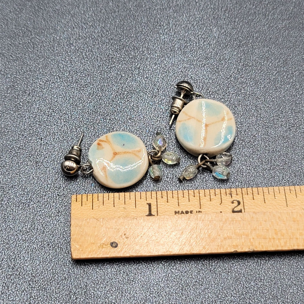 Pierced Earrings Silver tone Ceramic Pottery Bead White Blue 1.25"