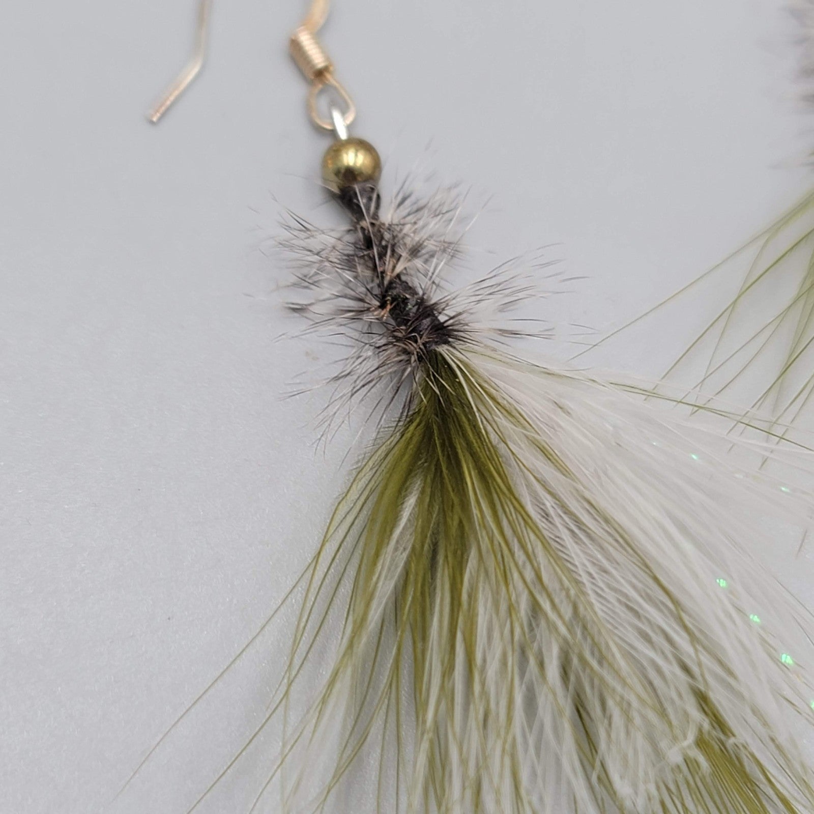 Artisan Pierced Earrings Feather Fly Tie Fishing Dangle Green White 2"