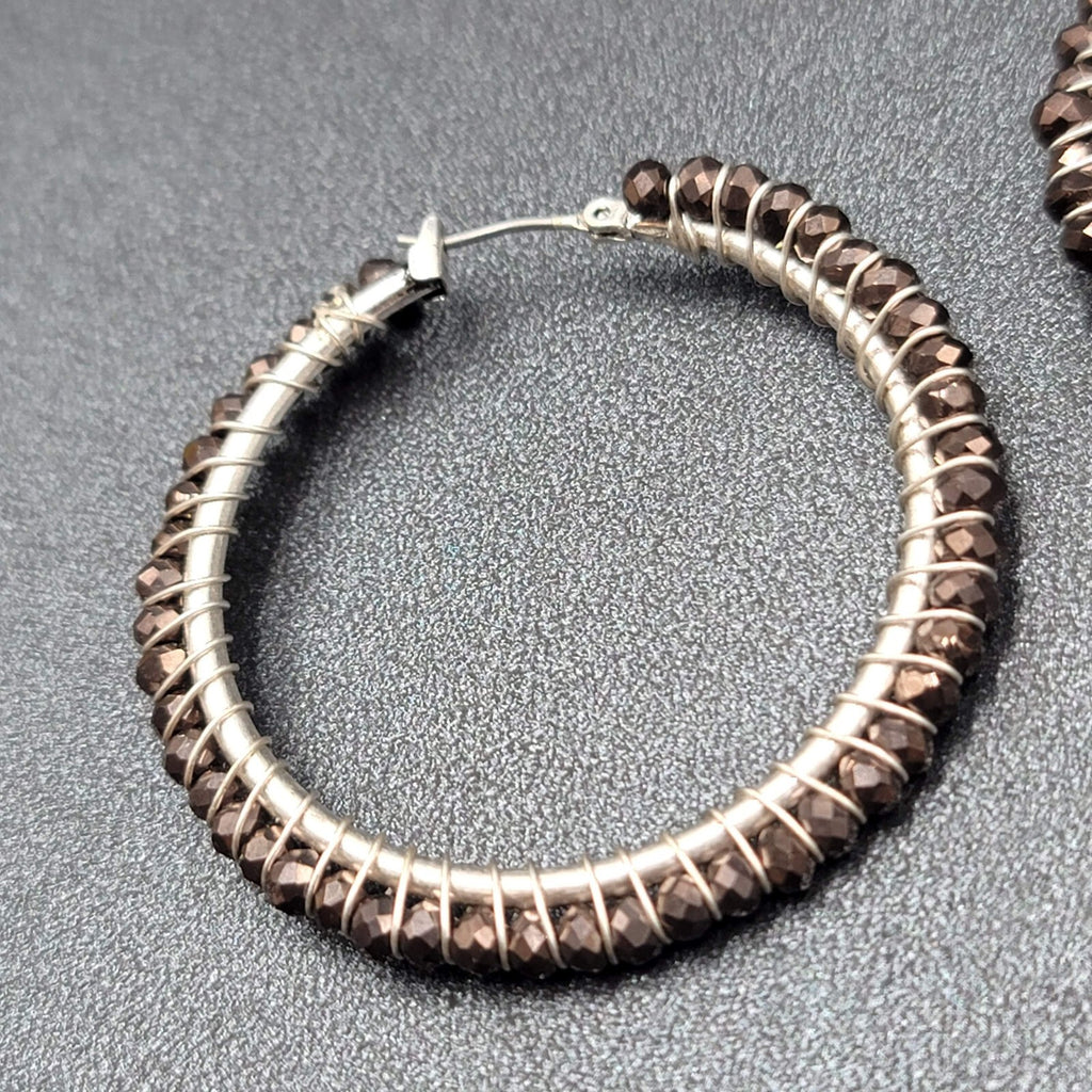 Pierced Earrings Silver tone Brown Glass Beaded Hoops 1.75"