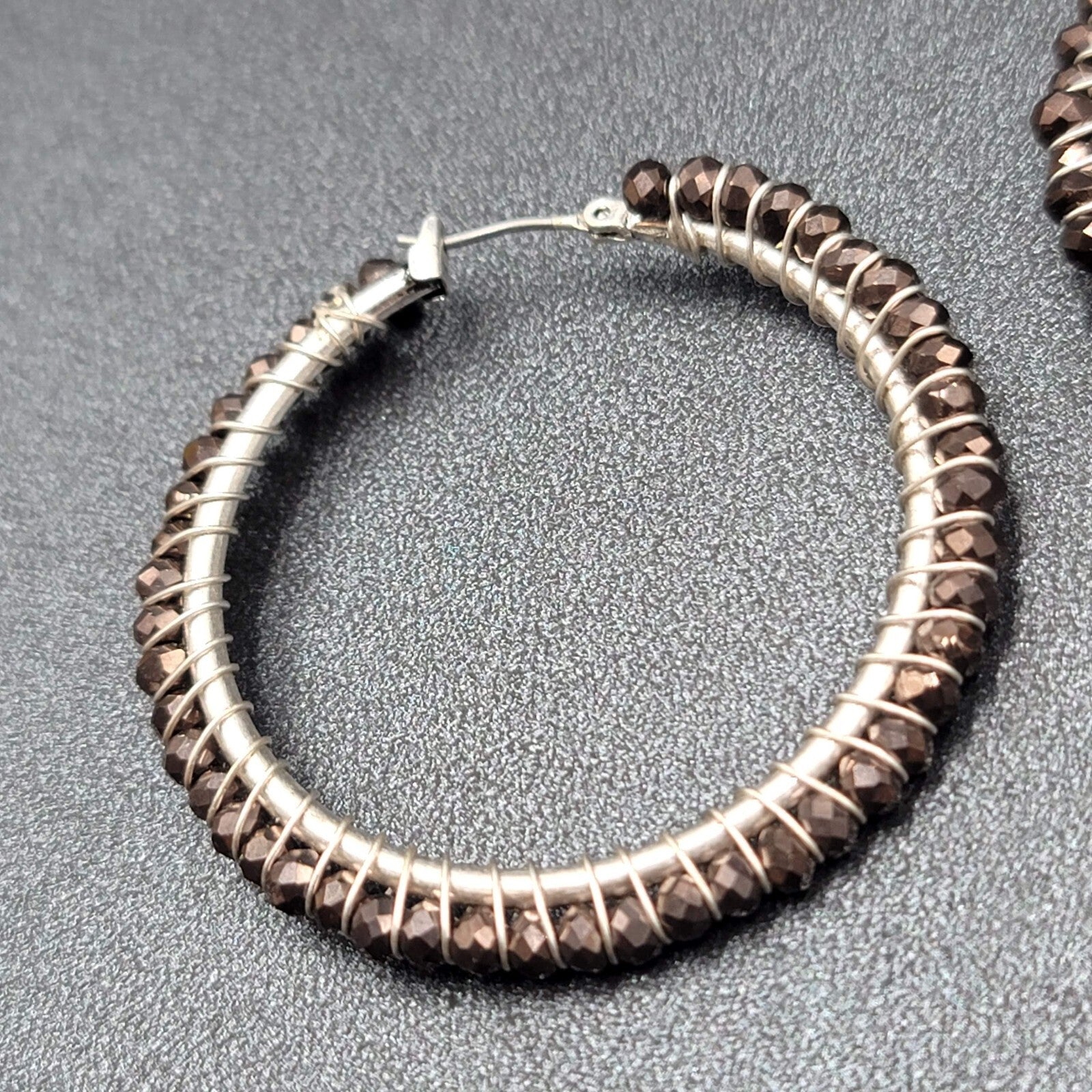 Pierced Earrings Silver tone Brown Glass Beaded Hoops 1.75"