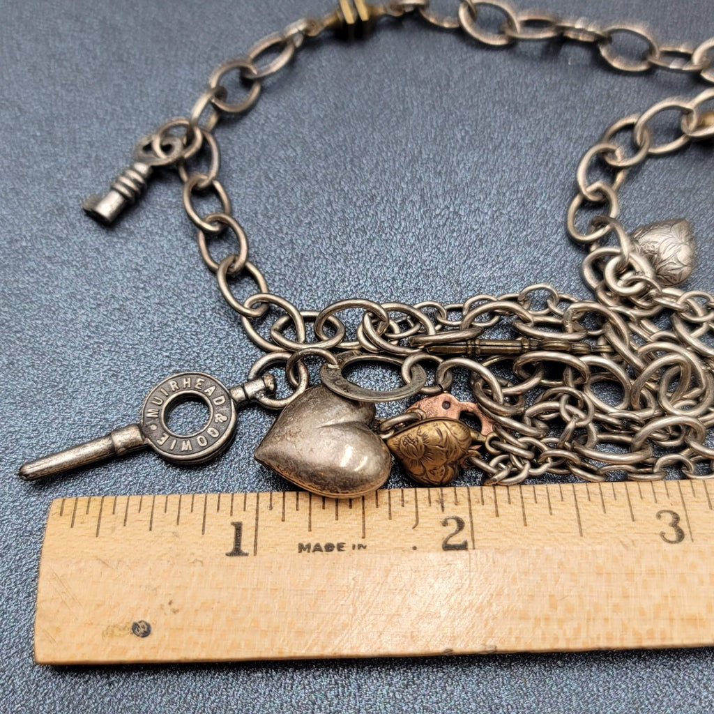 Skeleton Key Heart Charm Necklace Silver tone Statement 22"