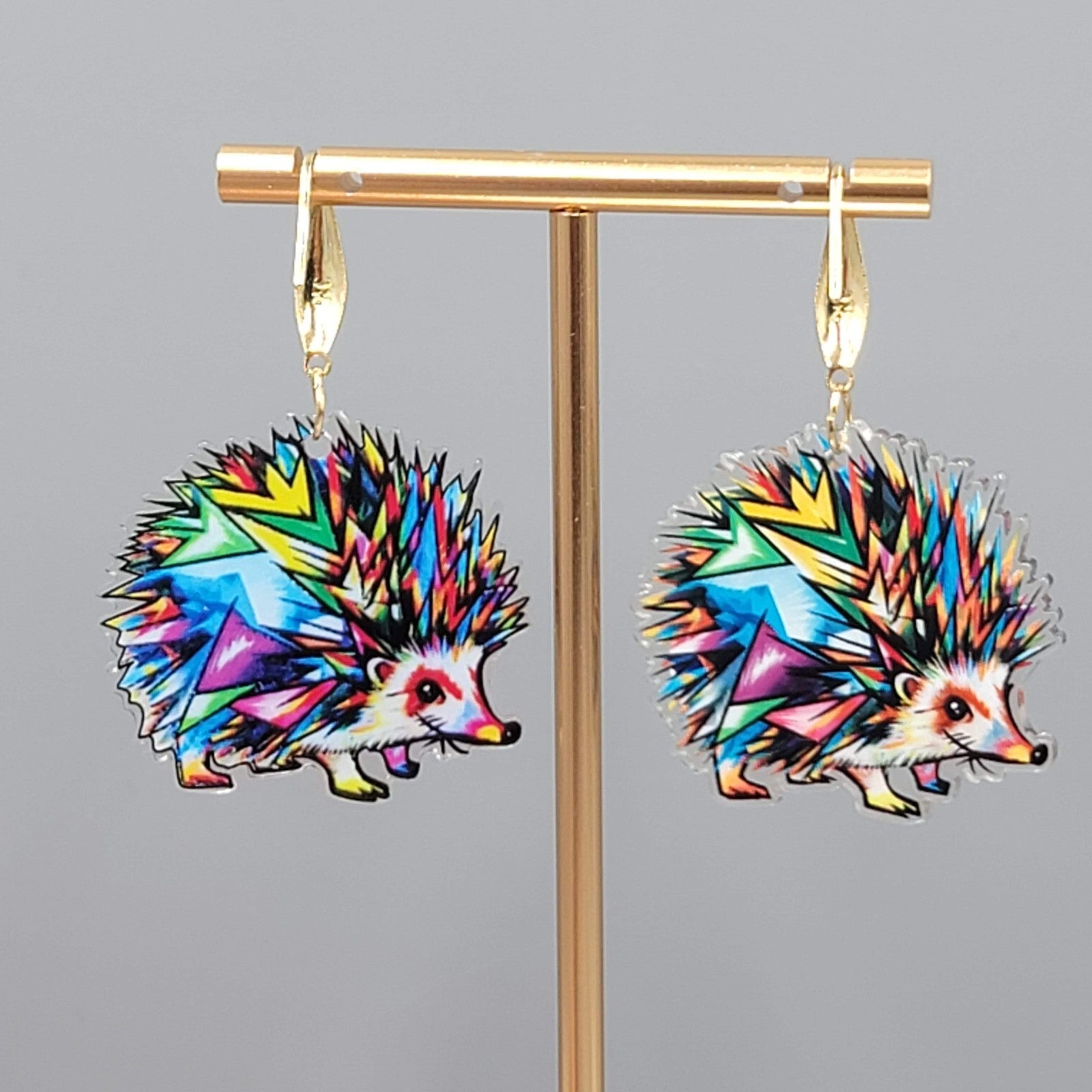 Multicolor Mosiac Hedgehog Pierced Earrings Acrylic Dangle Gold tone Hook 1.25"