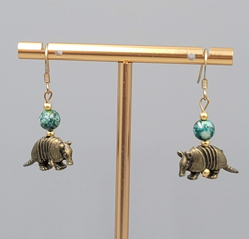 Armadillo Bead Pierced Earrings Bronze tone Dangle 7/8"