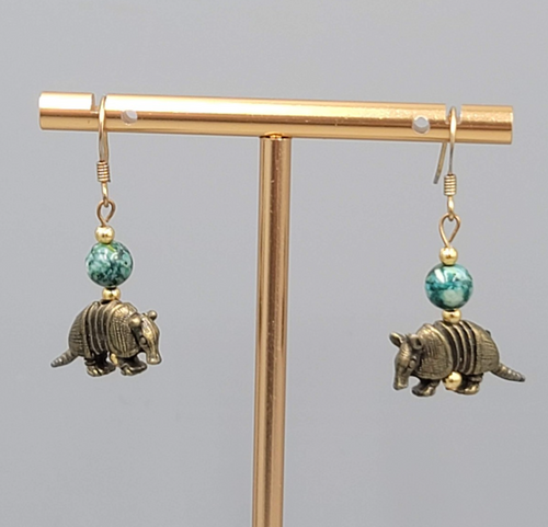 Armadillo Bead Pierced Earrings Bronze tone Dangle 7/8"