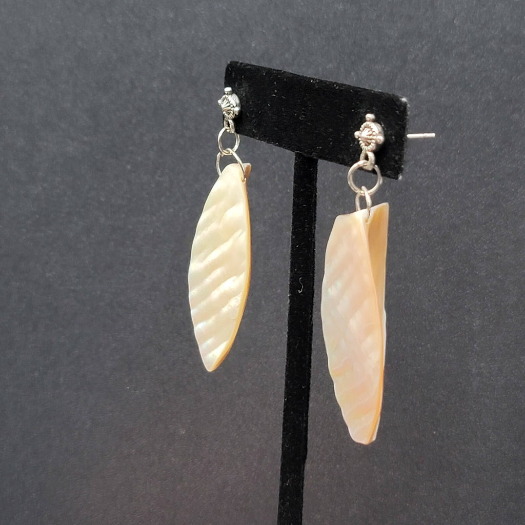 Pierced Earrings Real Seashell Dangle Silver tone 2"