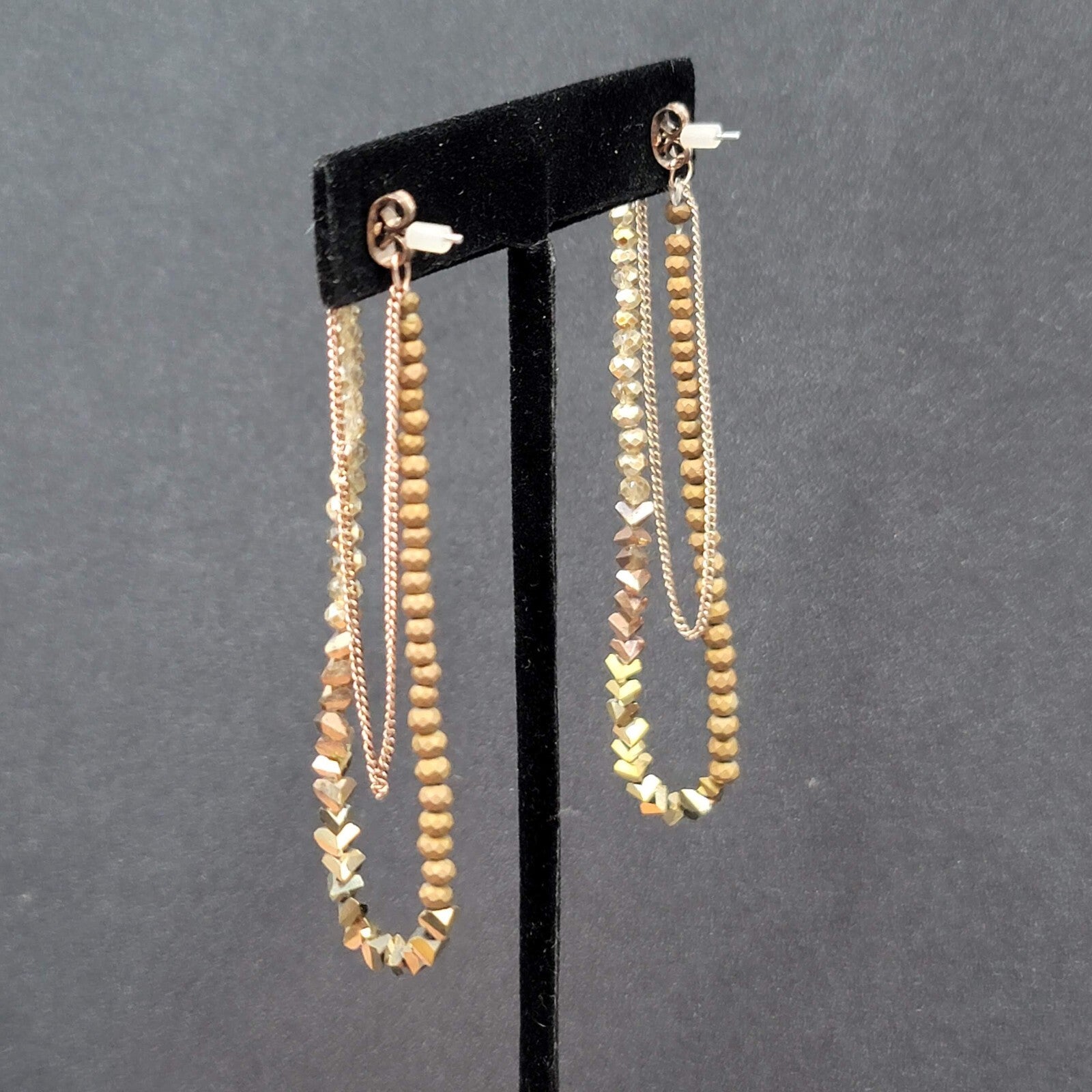 Pierced Earrings Gold tone Small Faceted Beads Dangle Loop To Back 3.25"