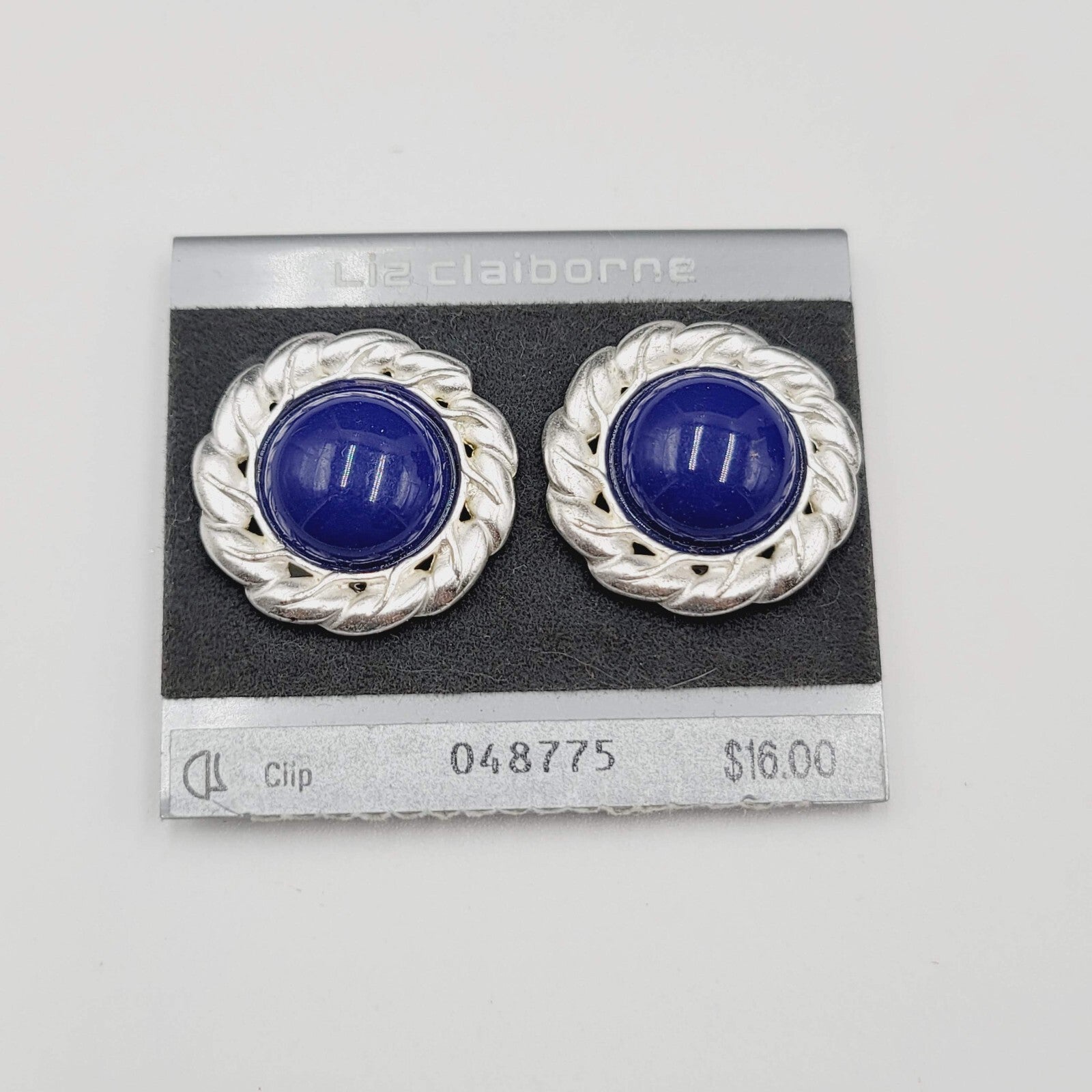 Vintage Liz Claiborne Clip on Earrings Silver tone Blue NOS 1 1/8"