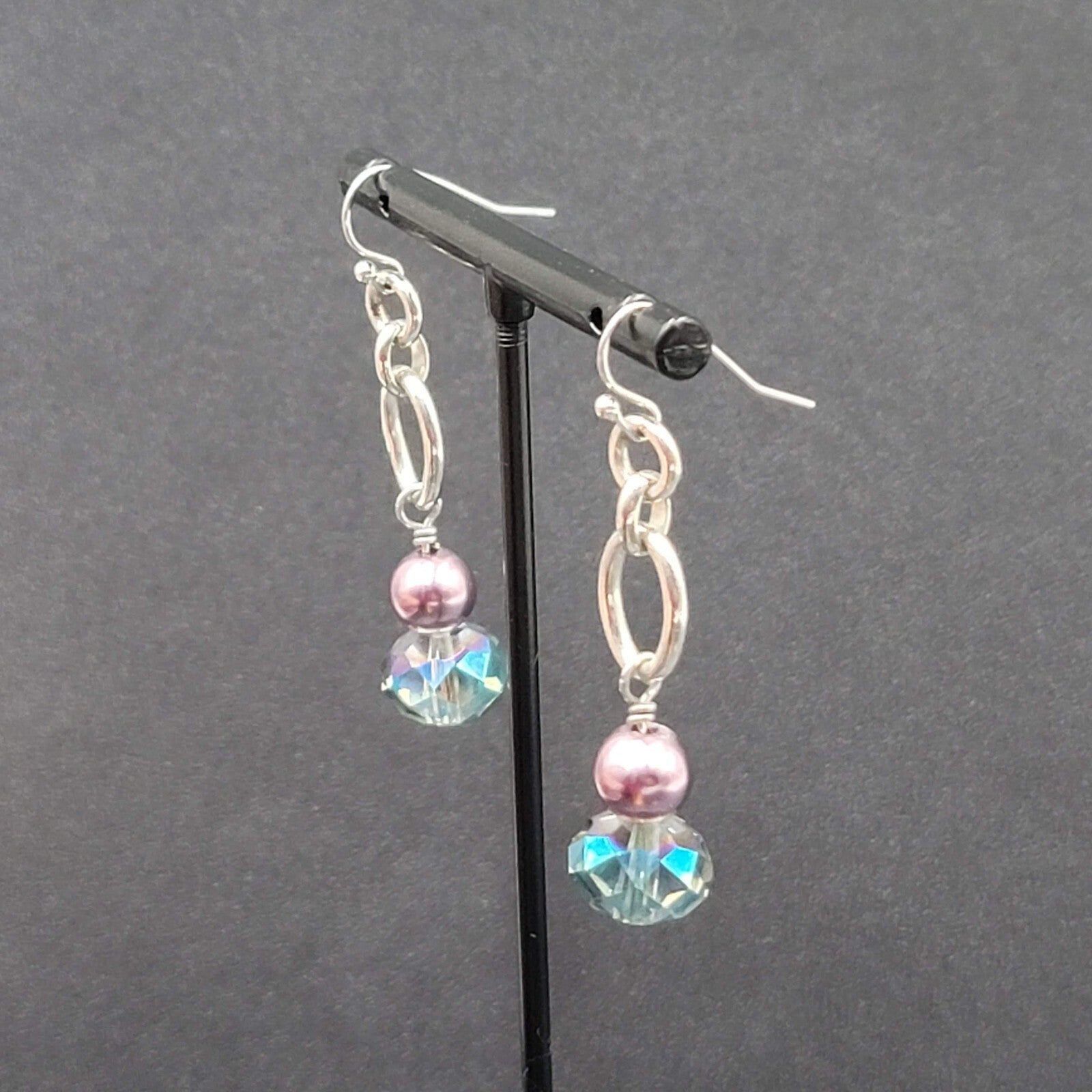 Pierced Earrings Silver tone Blue Crystal Pearl Beaded Dangle 1.75"