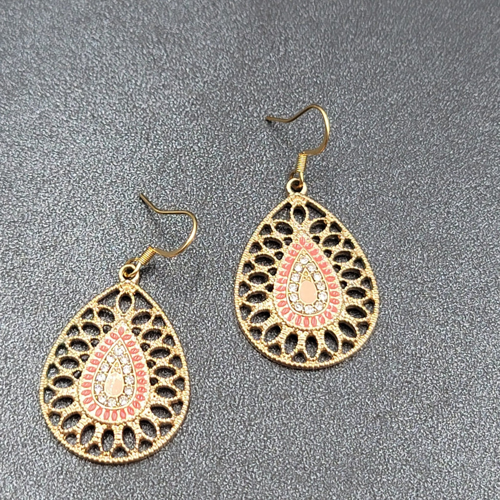 Pierced Earrings Gold tone Teardrop Rhinestone Enamel Dangle 1.25"