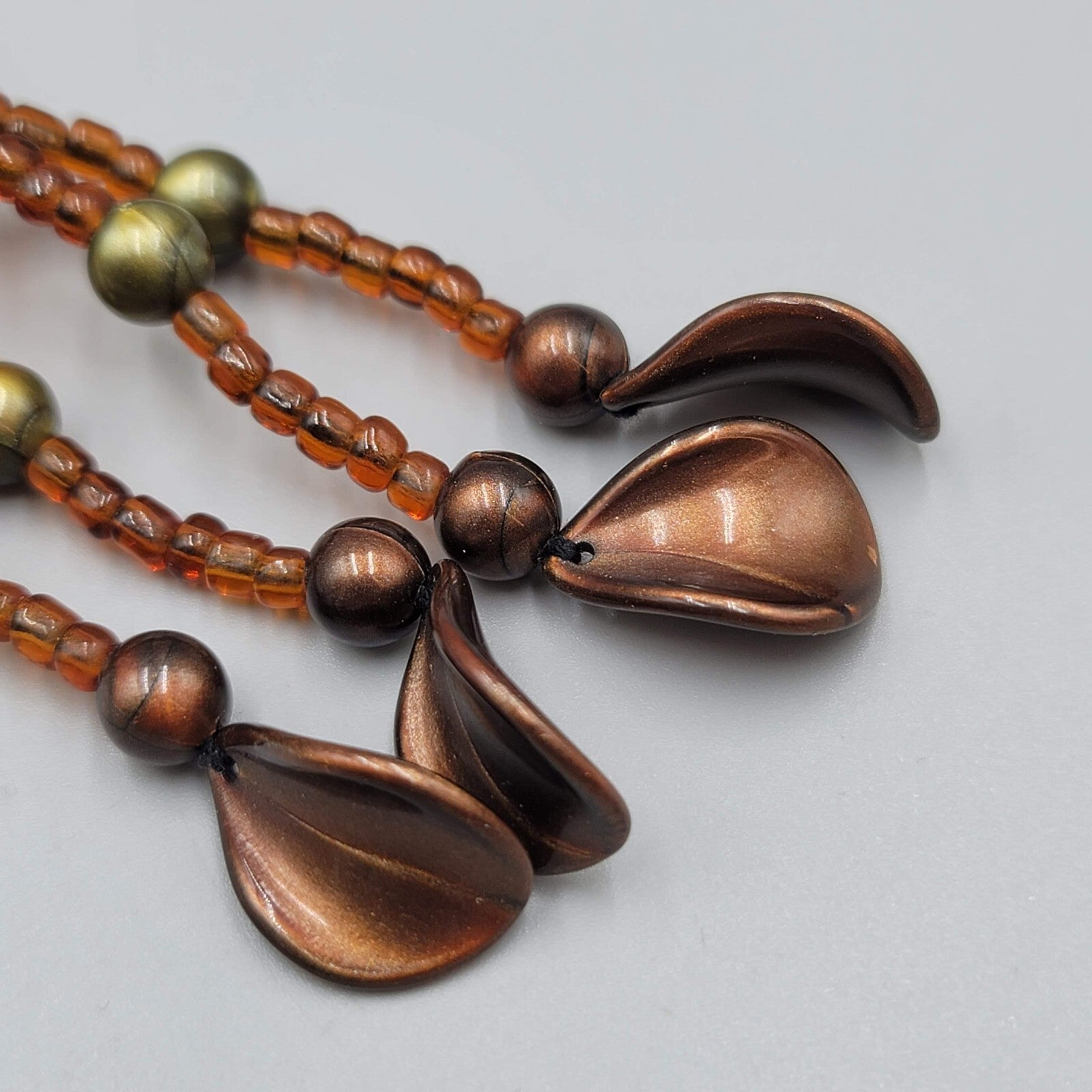 Tassel Bead Necklace Brown Green Resin and Glass Seed Beads 32"
