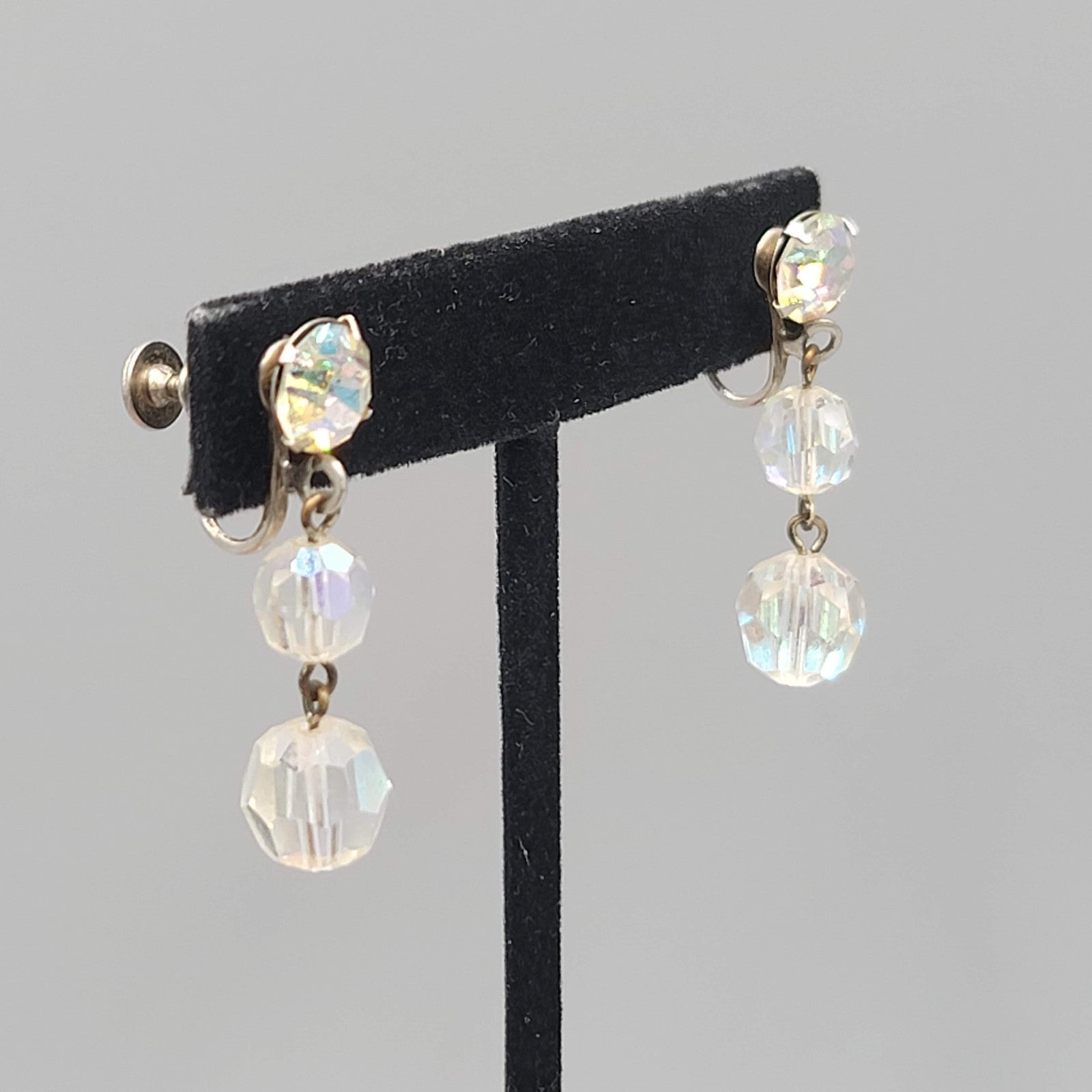 Vintage AB Beads  Clip on Earrings Silver tone Dangle  1.5"