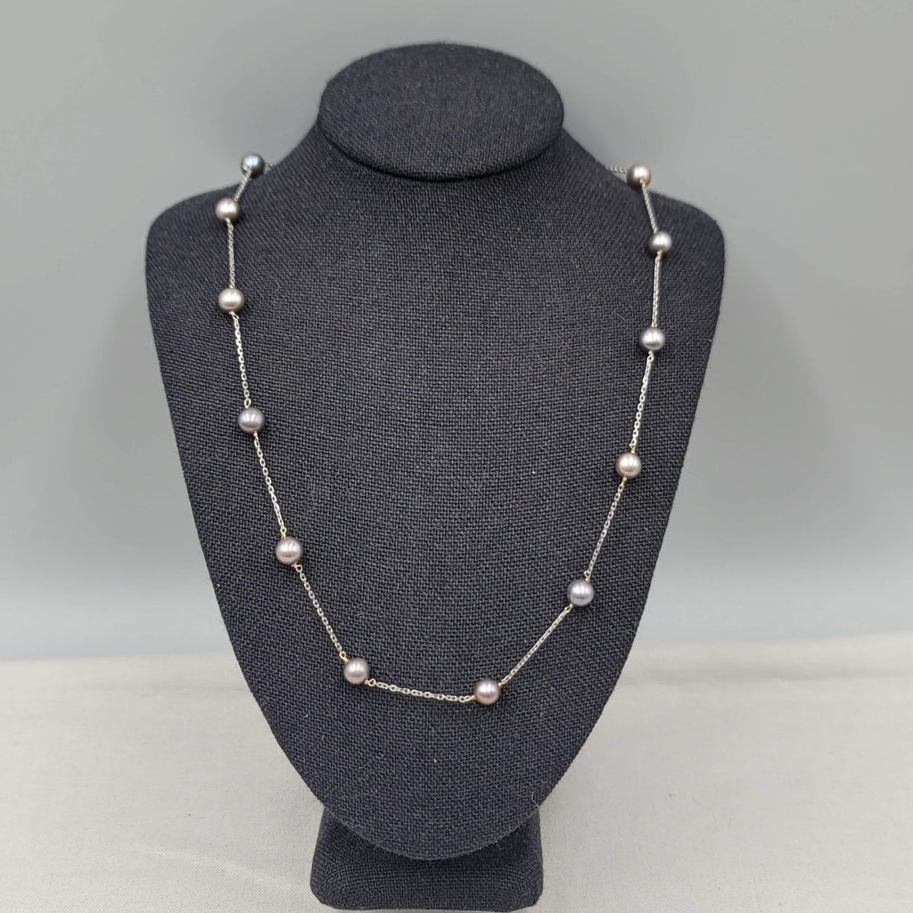 14K White Gold 5mm Tahitian Peacock Pearl Station Chain Necklace 17" long