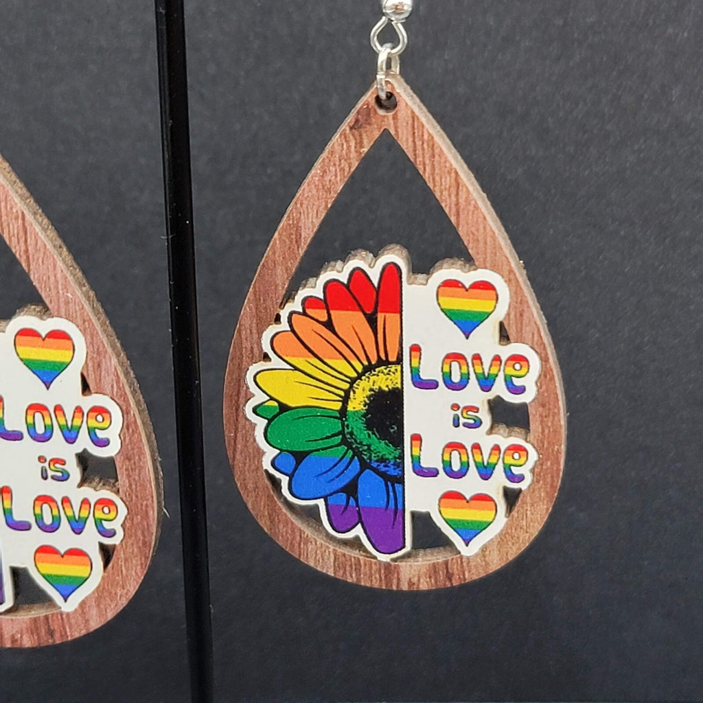 New PRIDE Love is Love Pierced Earrings Rainbow Wood Teardrop Dangle 2.25"