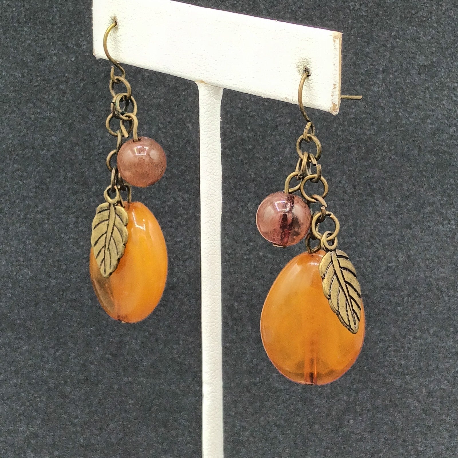 Pierced Earrings Bronze tone Acrylic Bead Natural Tones Leaf Dangle 1.75"