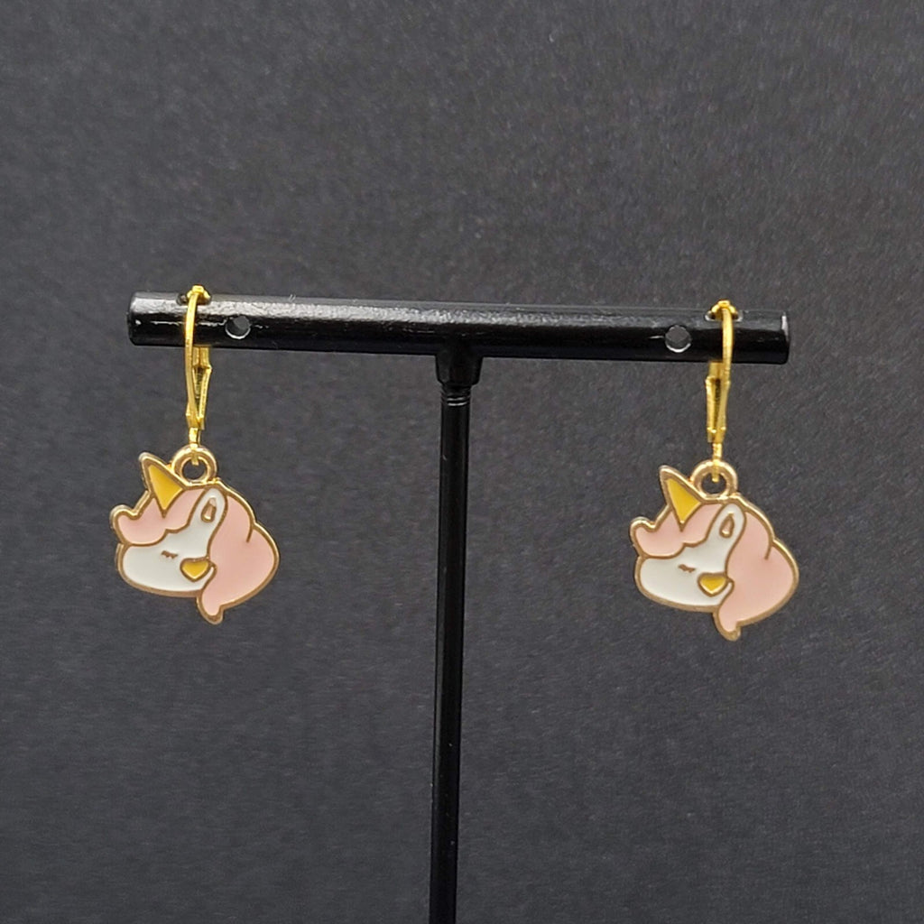 New Unicorn Pierced Earrings Gold tone Pink Enamel Dangle 5/8"
