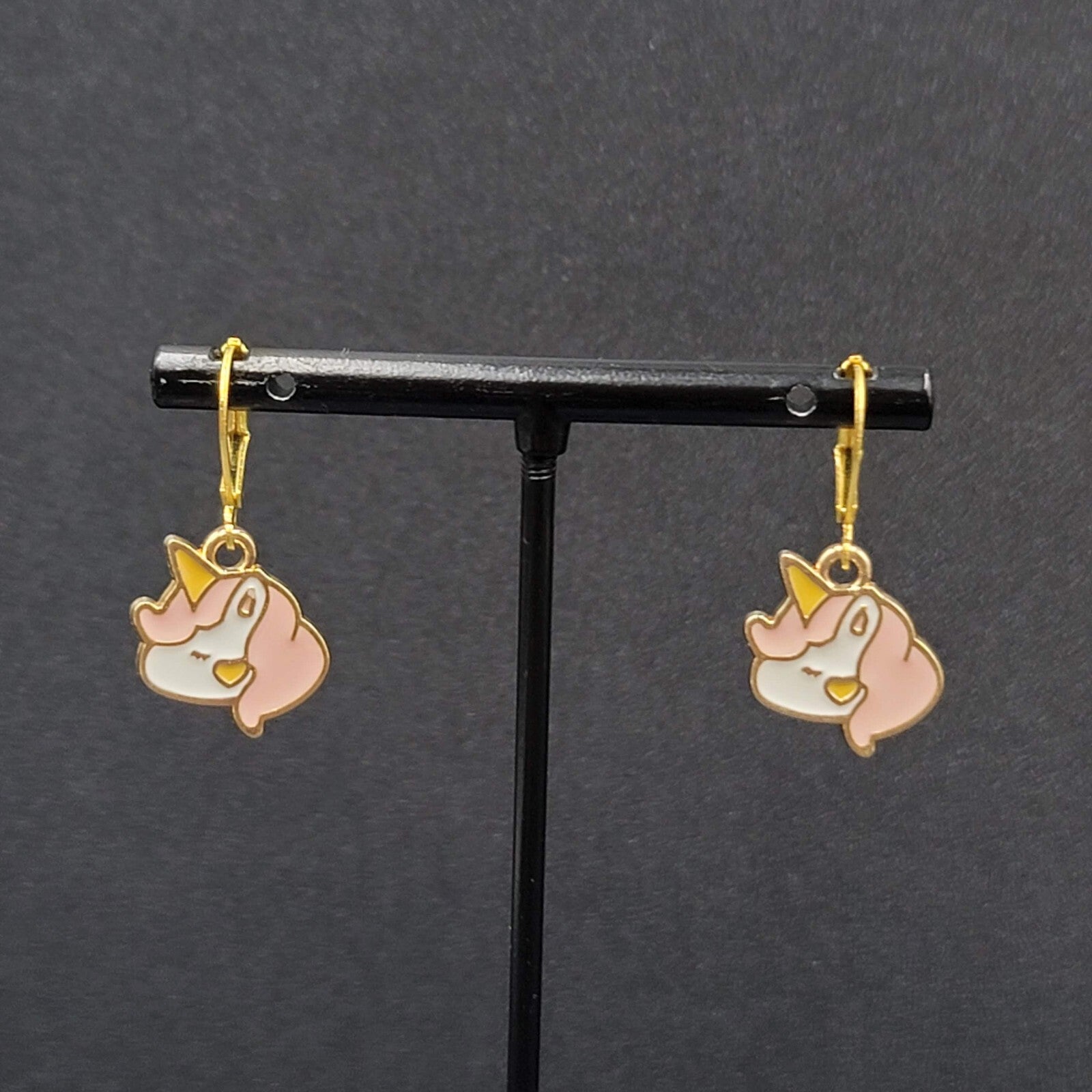 New Unicorn Pierced Earrings Gold tone Pink Enamel Dangle 5/8"