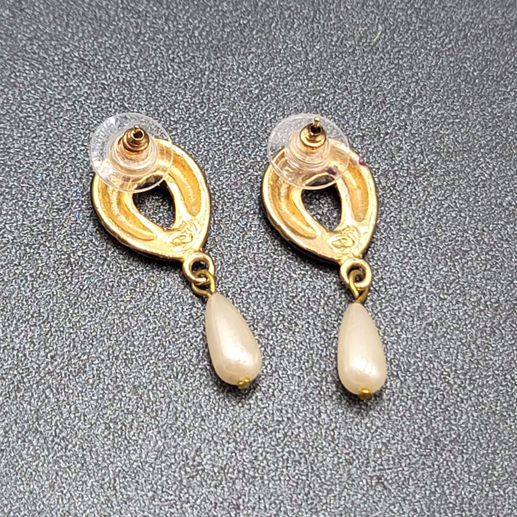 Vintage Pierced Earrings Purple Enamel Faux Pearl Teardrop Signed Dangle 1 3/8"