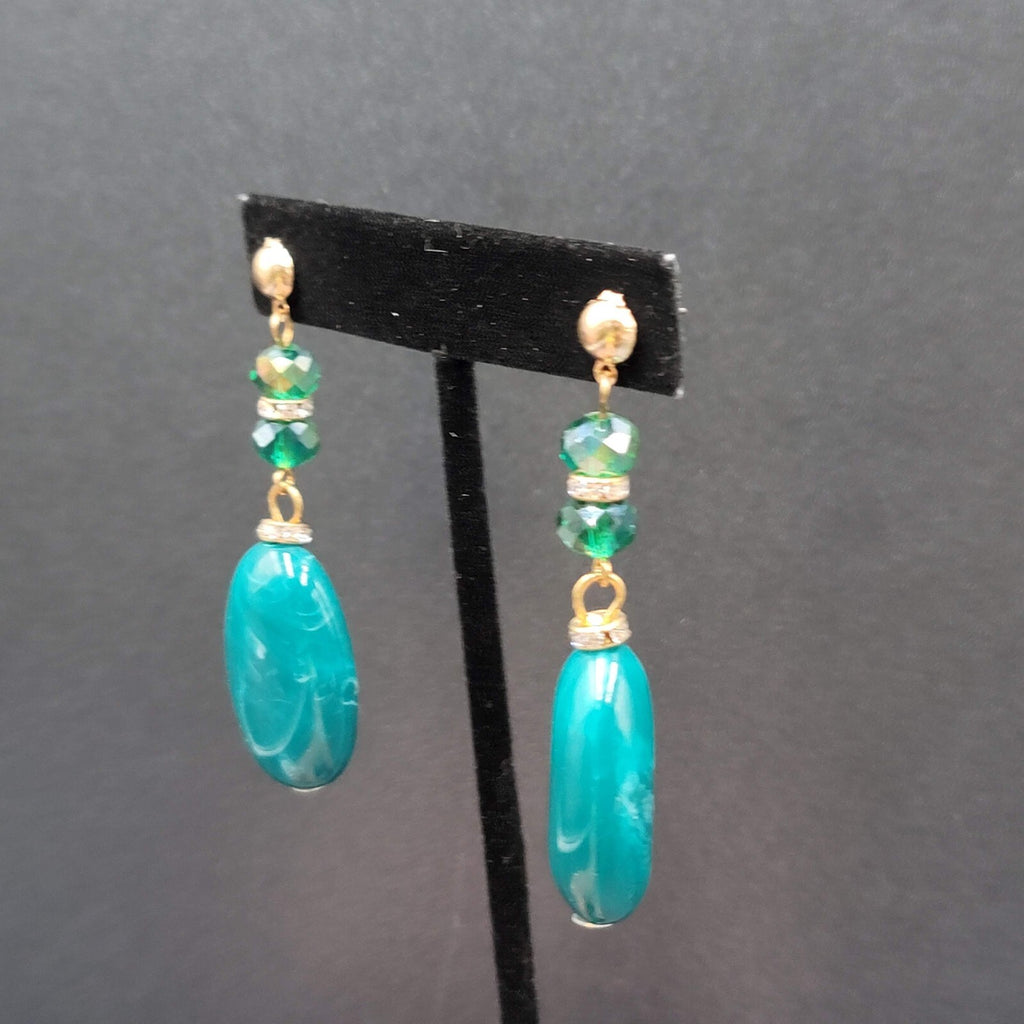 Vintage Pierced Earrings Green Acrylic Bead Dangle Rhinestones 2.5"