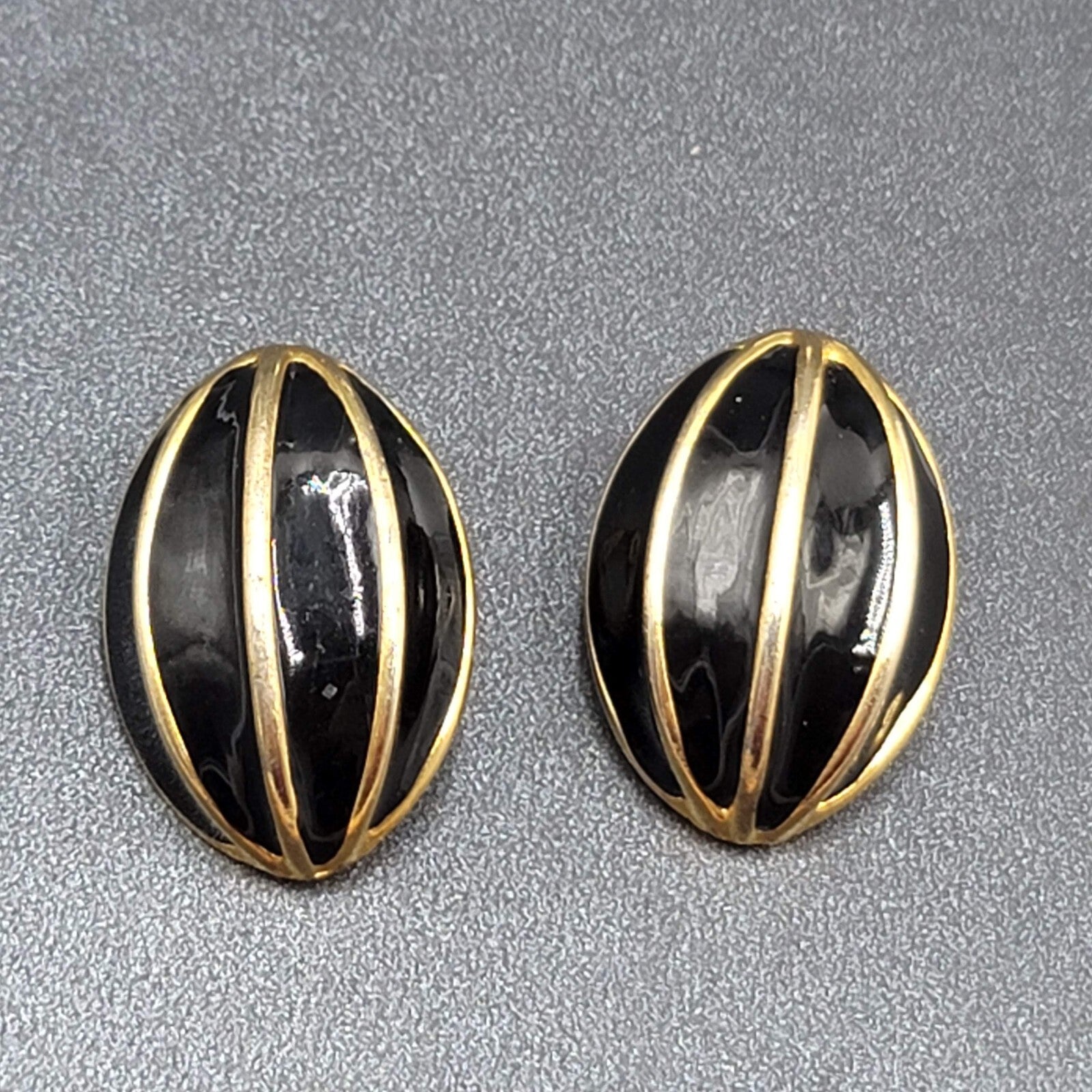 Vintage Clip on Earrings Gold Plated Black Enamel Drop Statement 1.25"