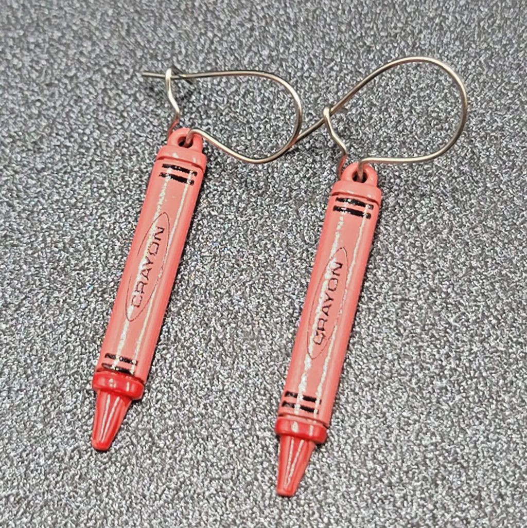 Vintage Pierced Earrings Red Crayon Dangle Silver tone Hooks Dangle 1 1/8"
