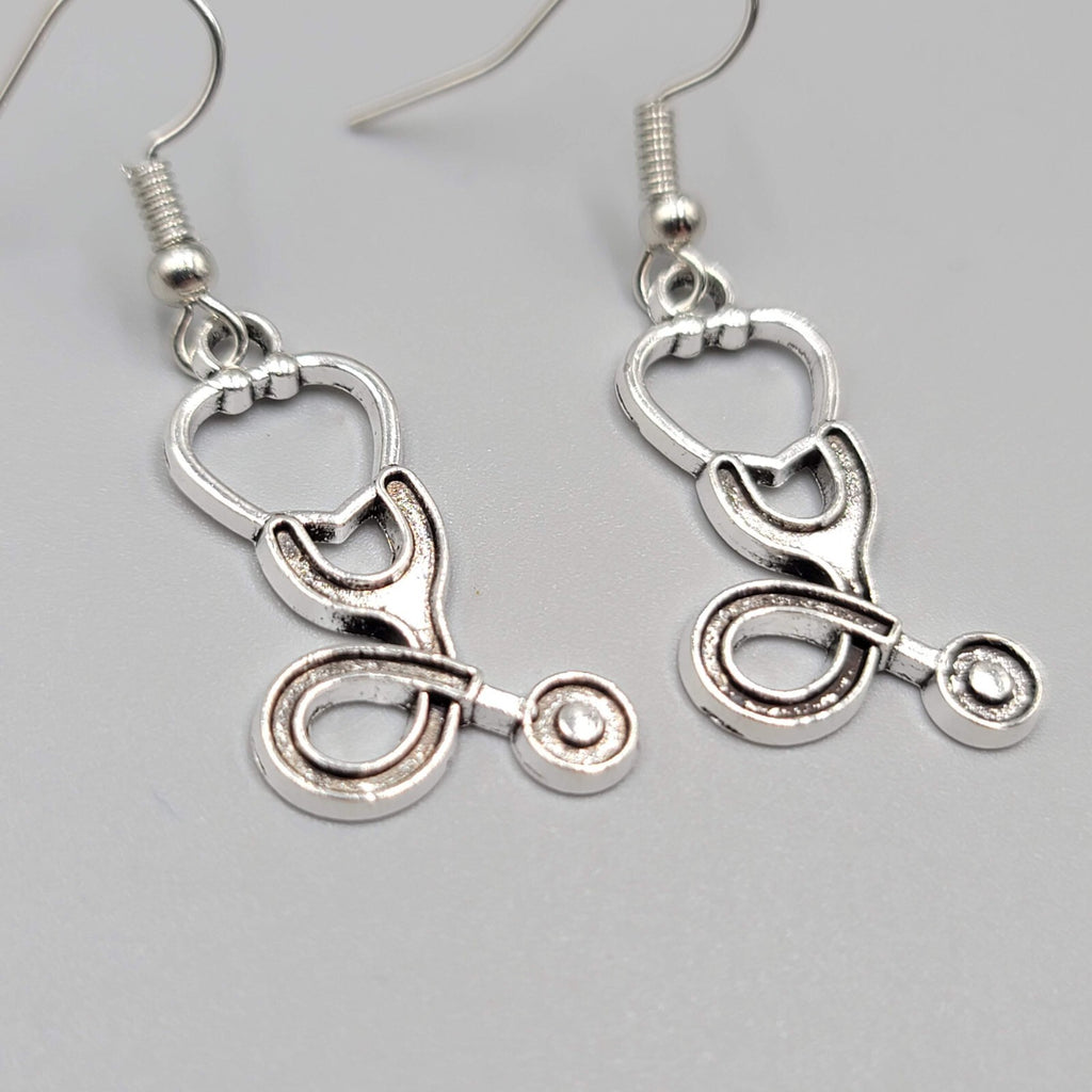 Stethoscope Pierced Earrings Medical Nurse Doctor Dangle Silver tone 1 1/8"
