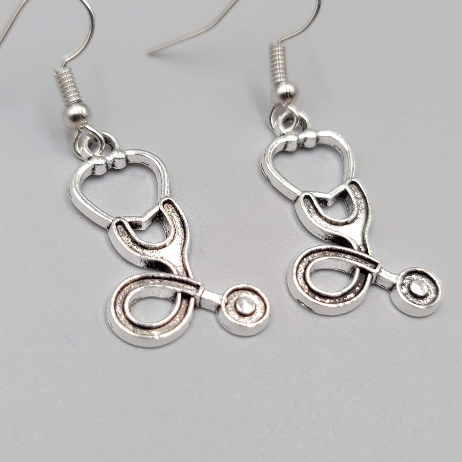 Stethoscope Pierced Earrings Medical Nurse Doctor Dangle Silver tone 1 1/8"