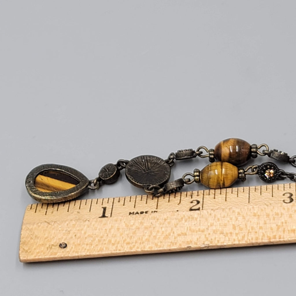 Tigers Eye Y Drop Necklace Bronze Tone Chain Pendant Crystal Accent 18"