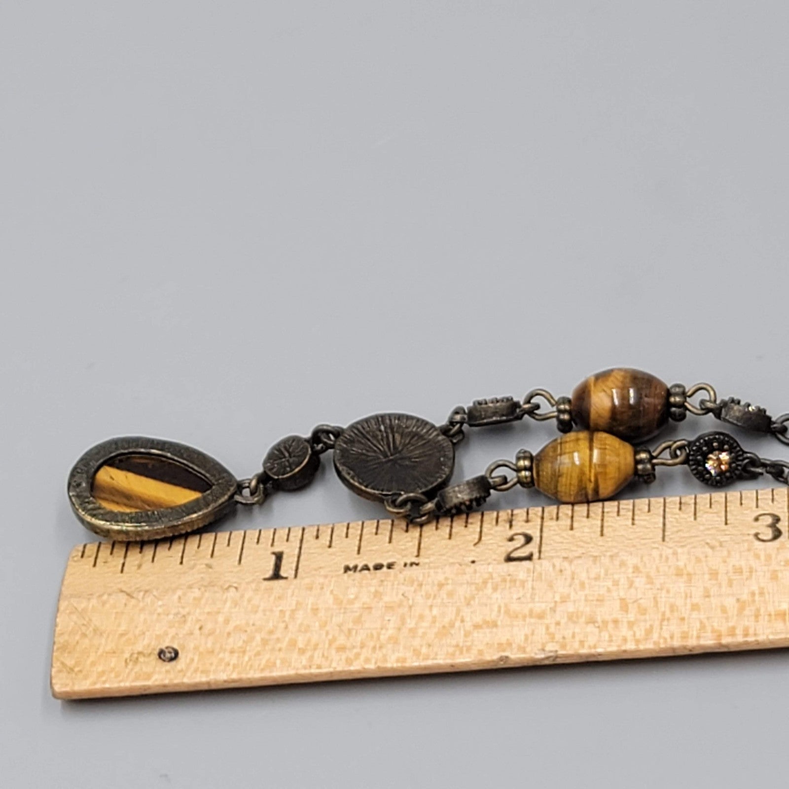 Tigers Eye Y Drop Necklace Bronze Tone Chain Pendant Crystal Accent 18"