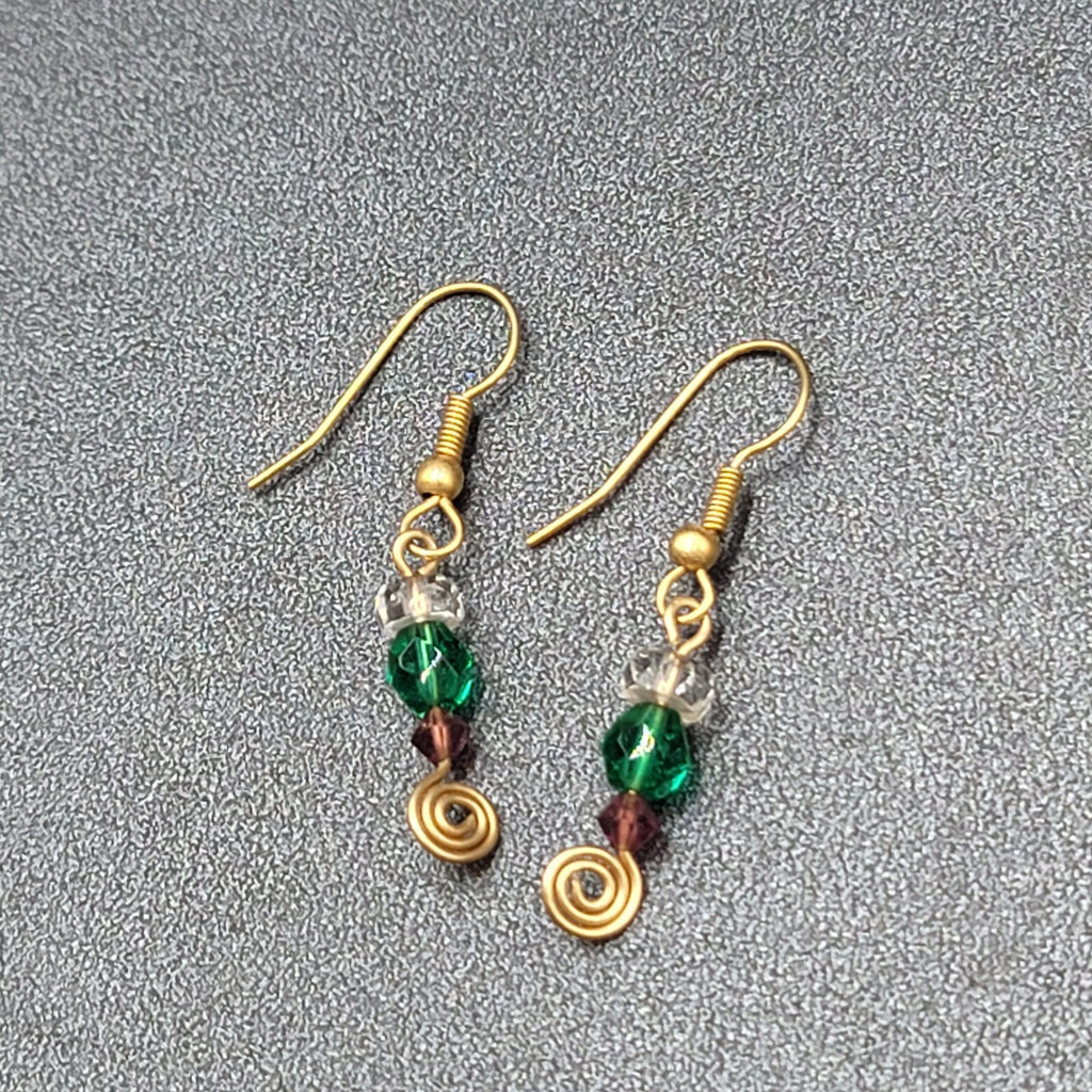 Pierced Earrings Gold tone Green Purple Clear Bead Dangle 1"