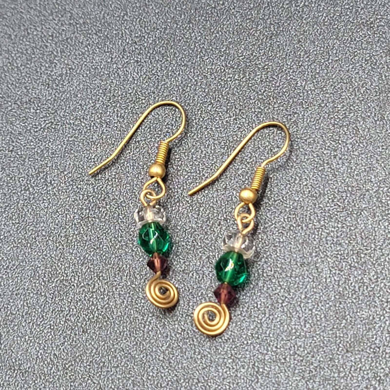Pierced Earrings Gold tone Green Purple Clear Bead Dangle 1"