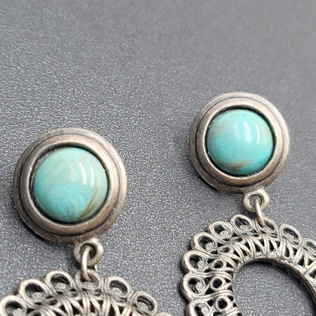 Pierced Earrings Silver tone Faux Acrylic Turquoise Dangle 2 3/8"