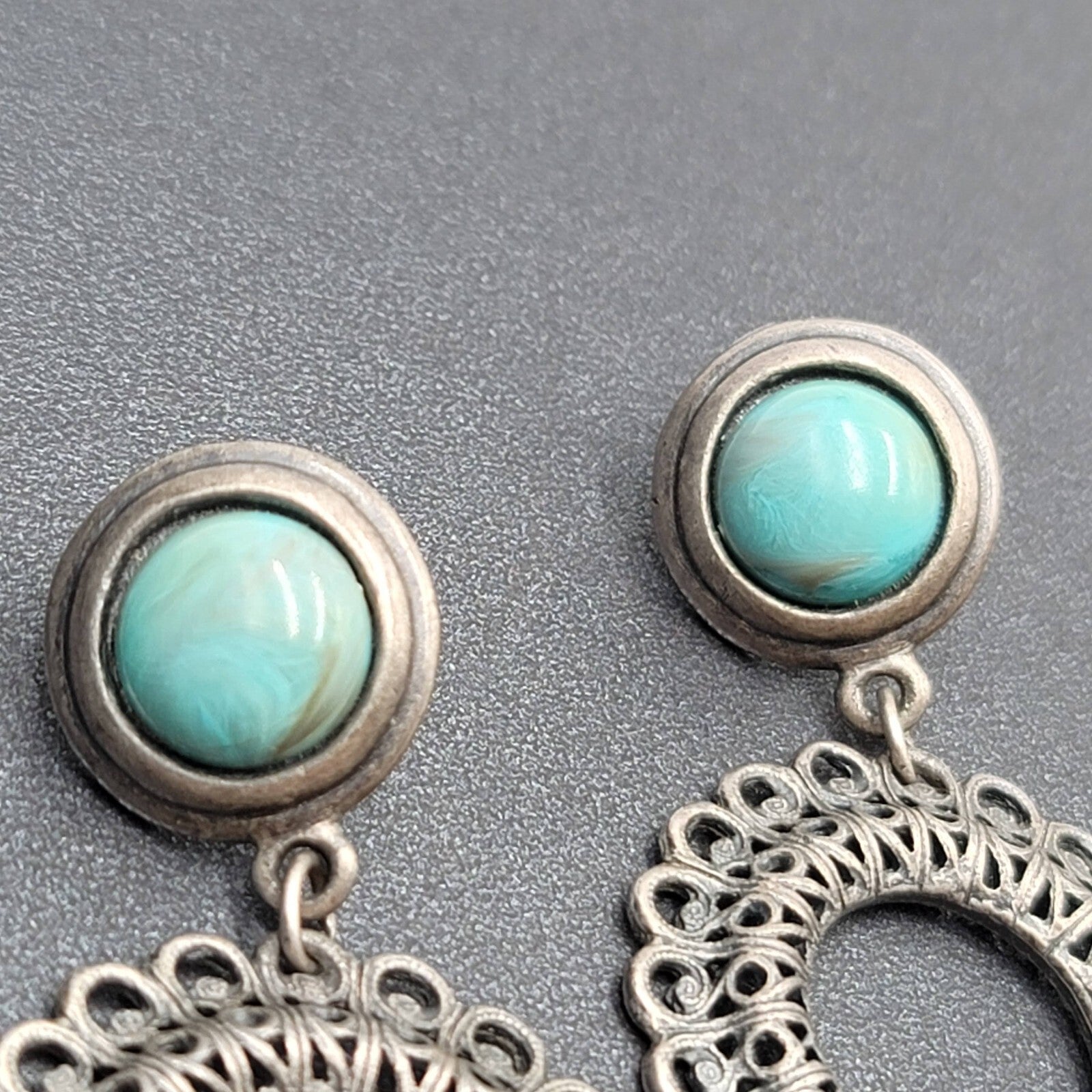 Pierced Earrings Silver tone Faux Acrylic Turquoise Dangle 2 3/8"