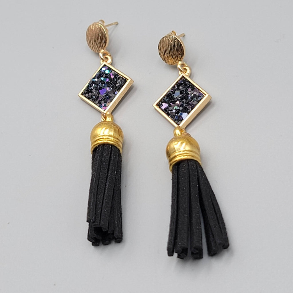 Black Tassel Pierced Earrings Gold tone Dangle 3"