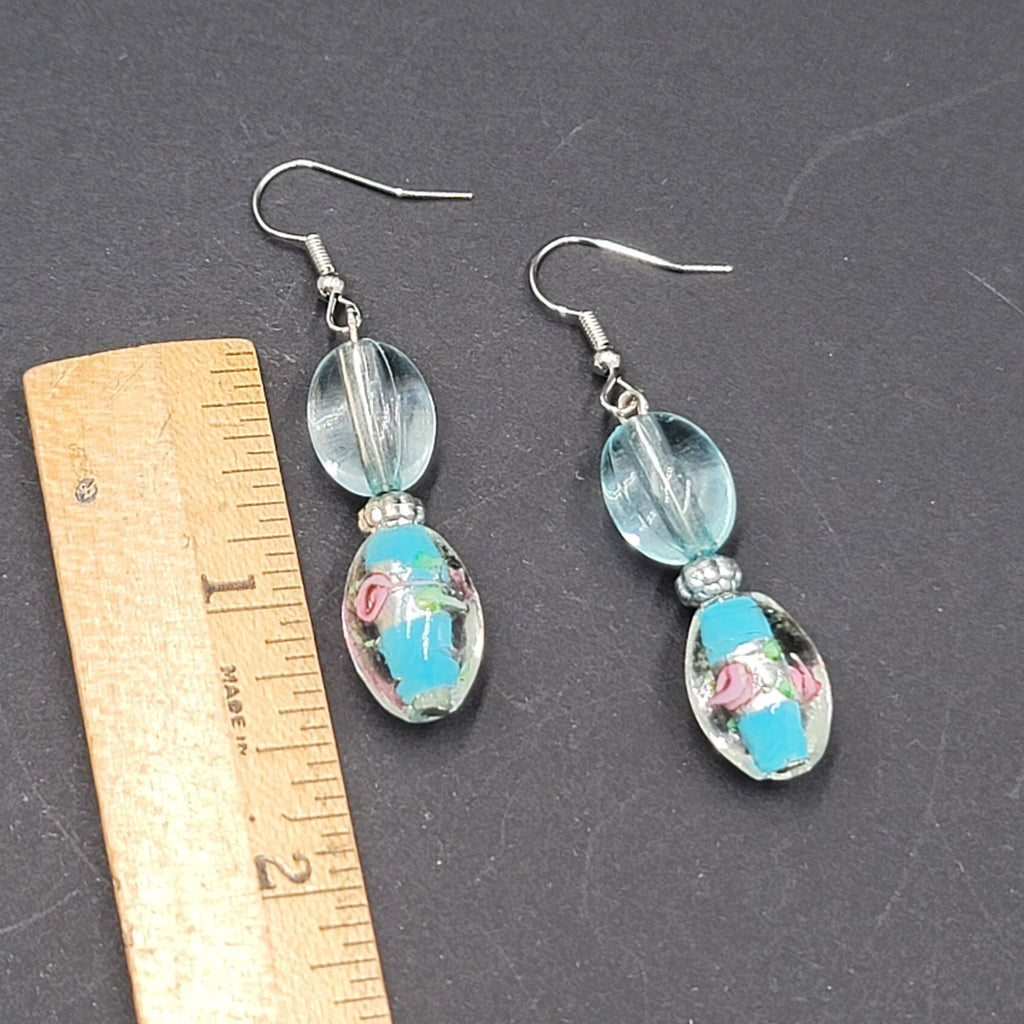 Blue Flower Art Glass Bead Pierced Earrings Silver tone Dangle 1.5"