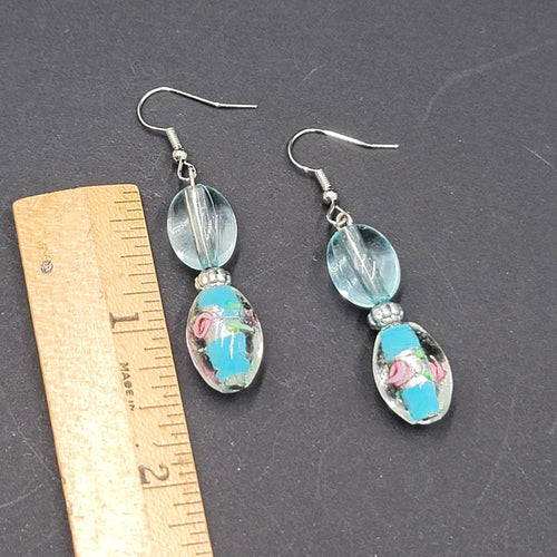 Blue Flower Art Glass Bead Pierced Earrings Silver tone Dangle 1.5"