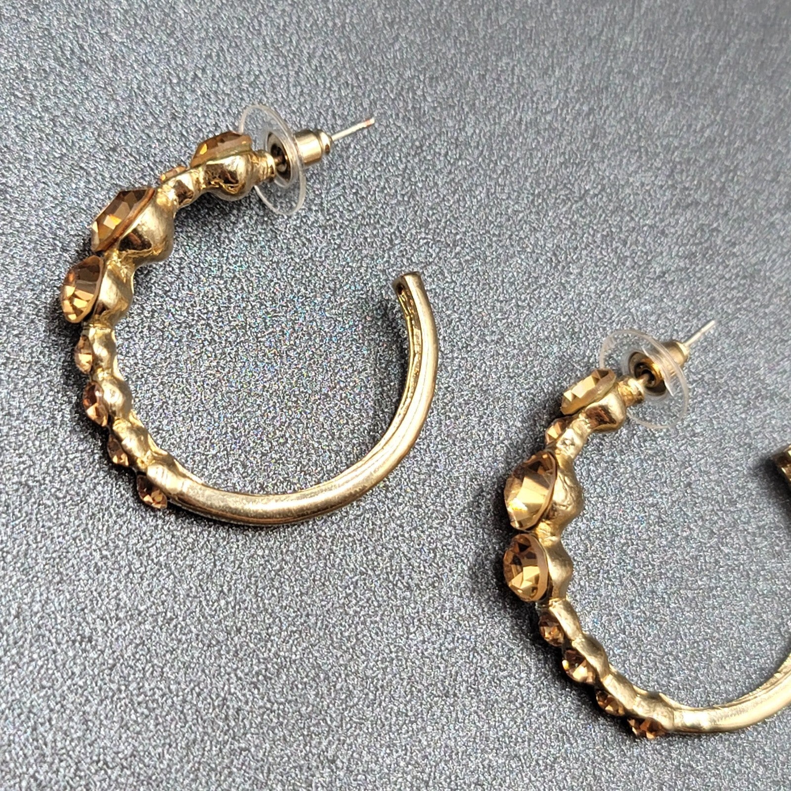 Pierced Earrings Gold tone Yellow Rhinestone Hoops 1.25"