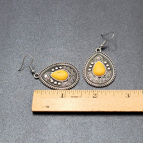 Boho Pierced Earrings Silver tone Yellow Black Center Dangle 1.5"