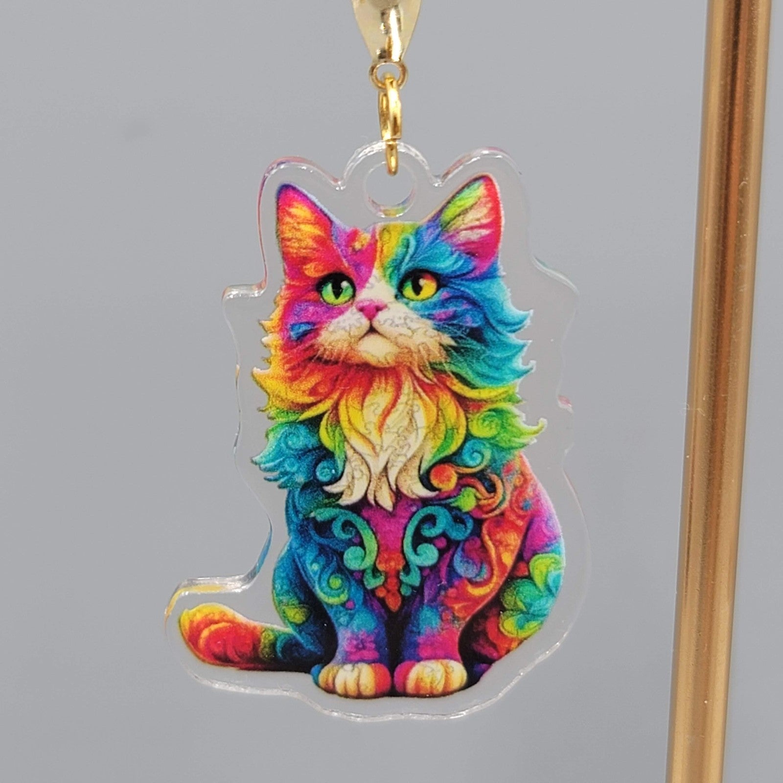 Rainbow Cat Pierced Earrings Multicolor  Acrylic Dangle Gold tone Hook 1.5"