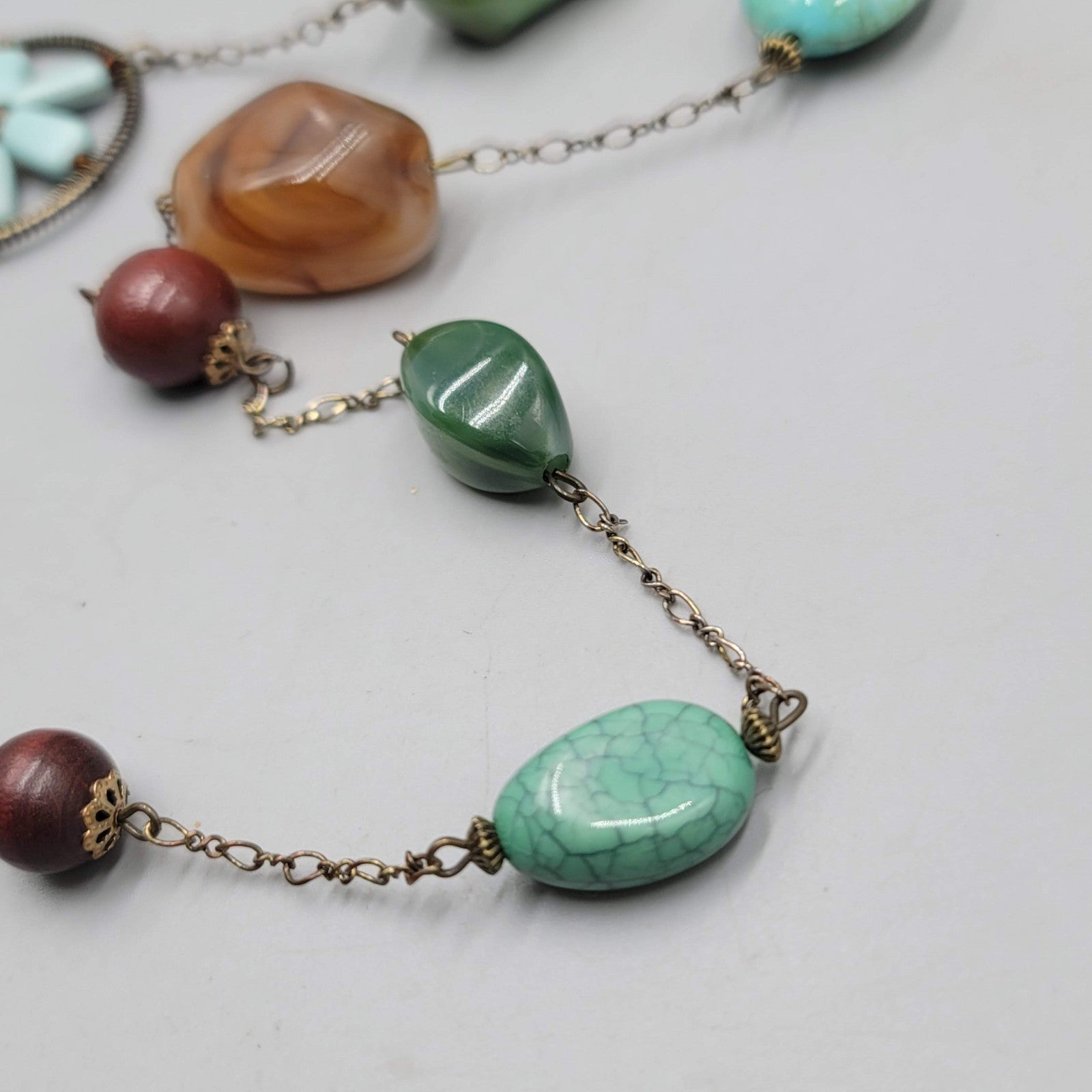 Multicolor Station Bead Necklace Green Brown Blue Flower 32"